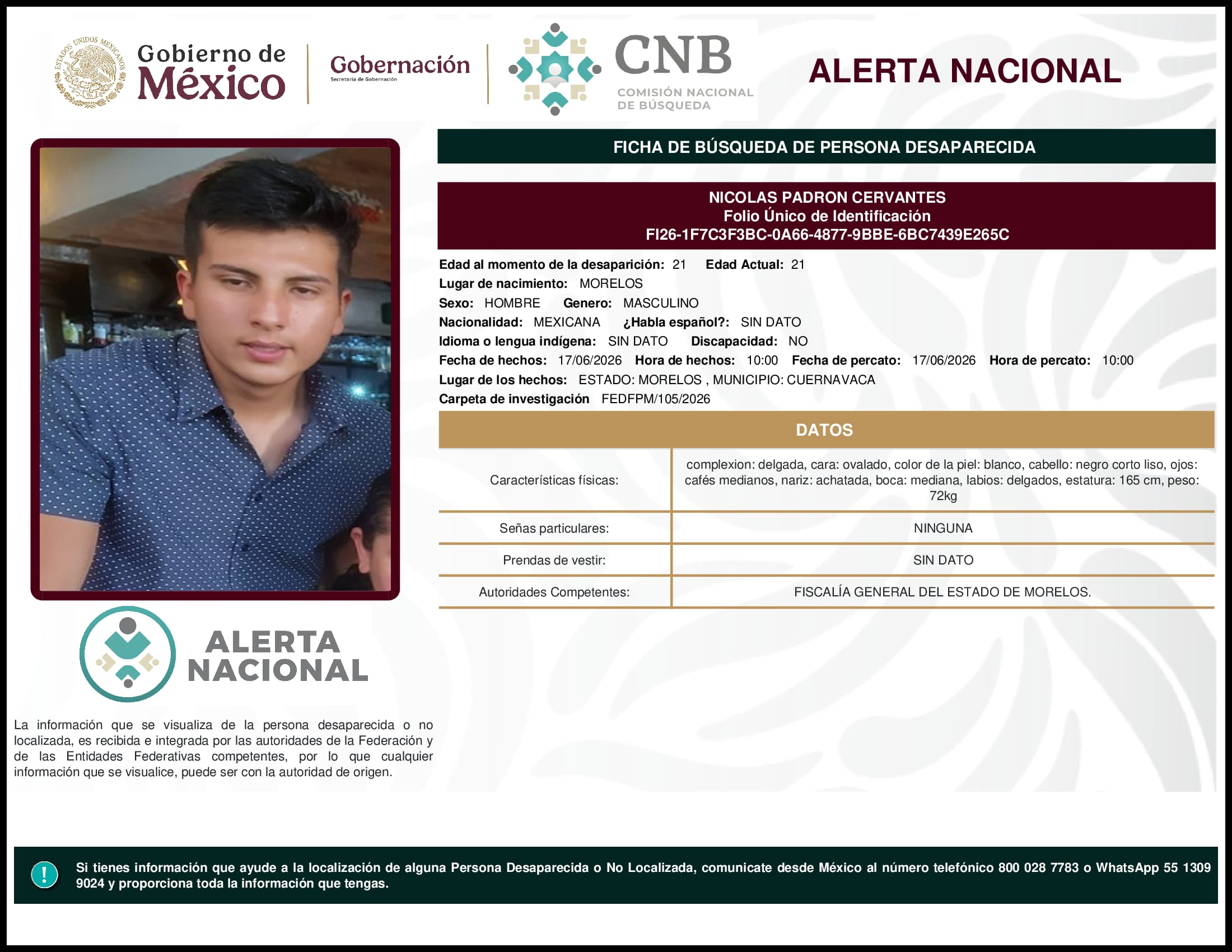Persona desaparecida Nicolas Padron Cervantes