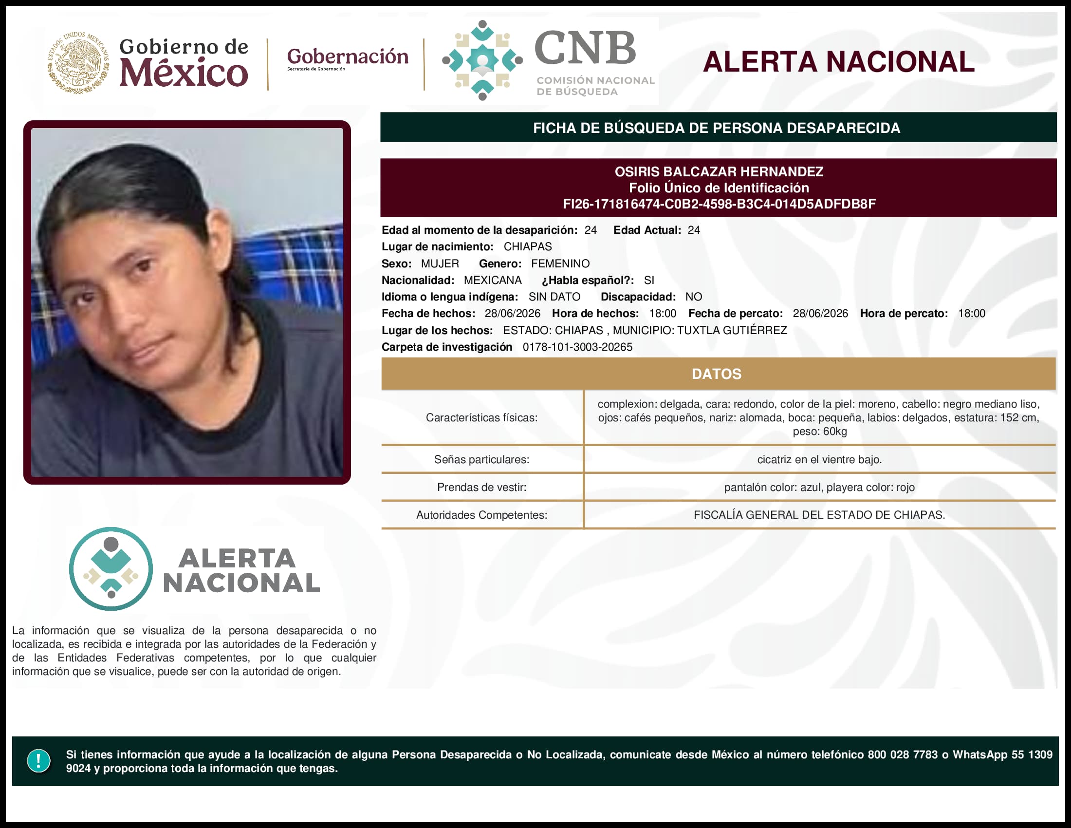 Persona desaparecida Osiris Balcazar Hernandez