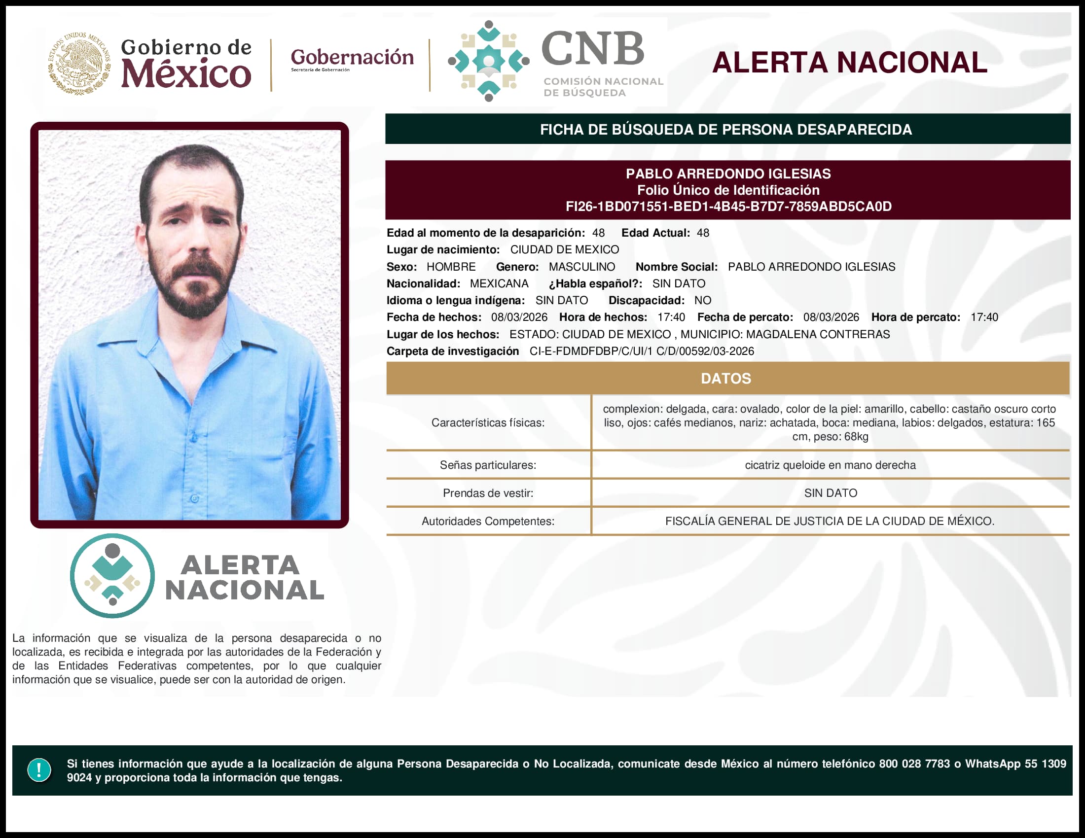 Persona desaparecida Pablo Arredondo Iglesias