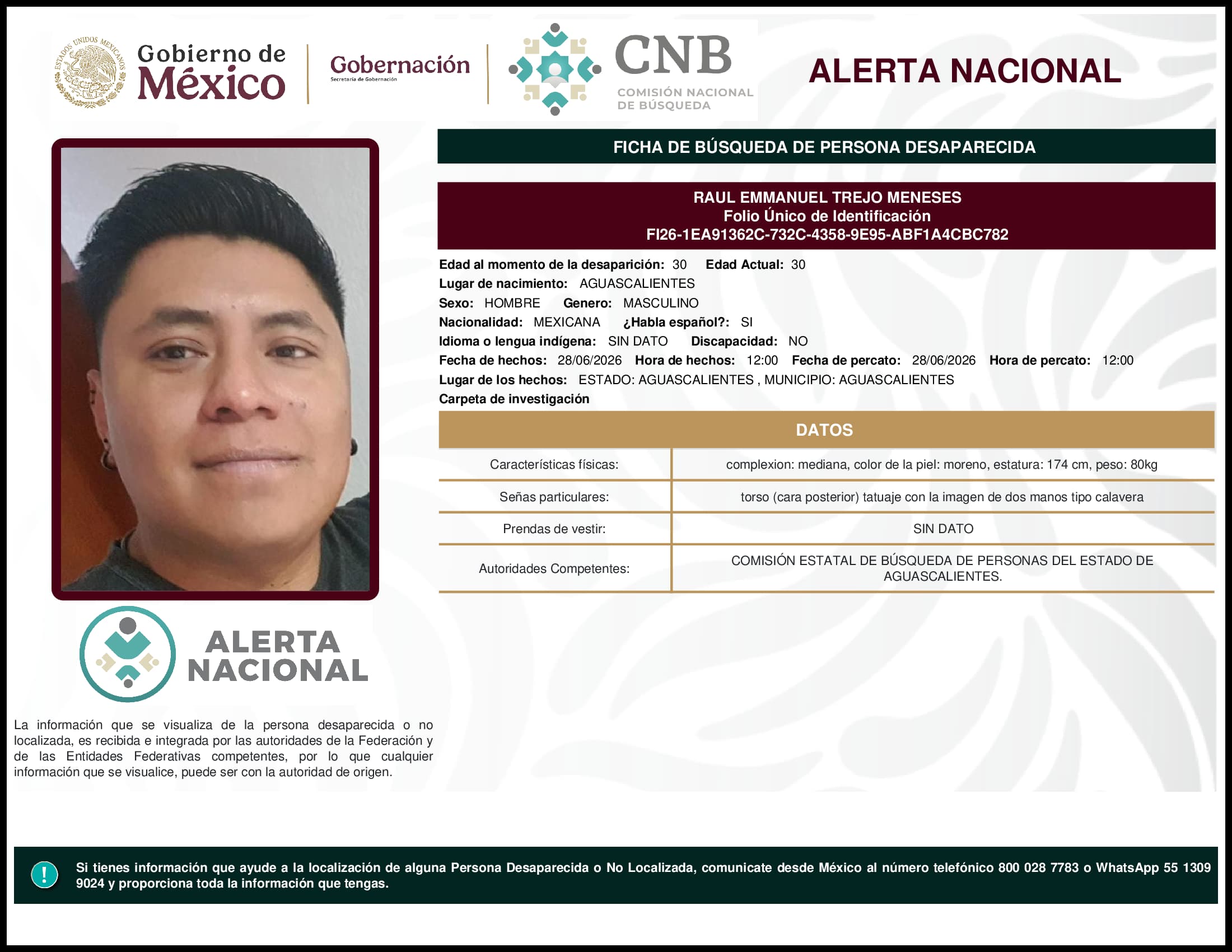 Persona desaparecida Raul Emmanuel Trejo Meneses