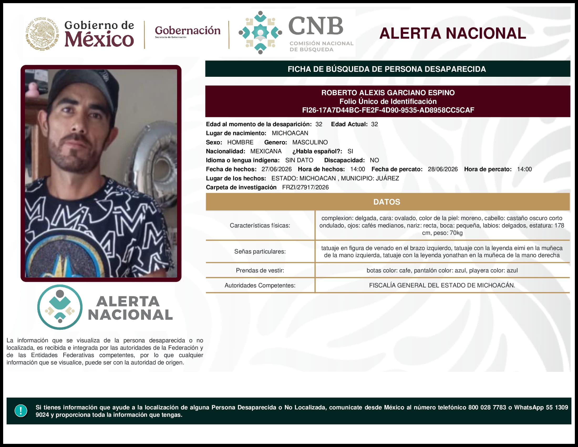 Persona desaparecida Roberto Alexis Garciano Espino