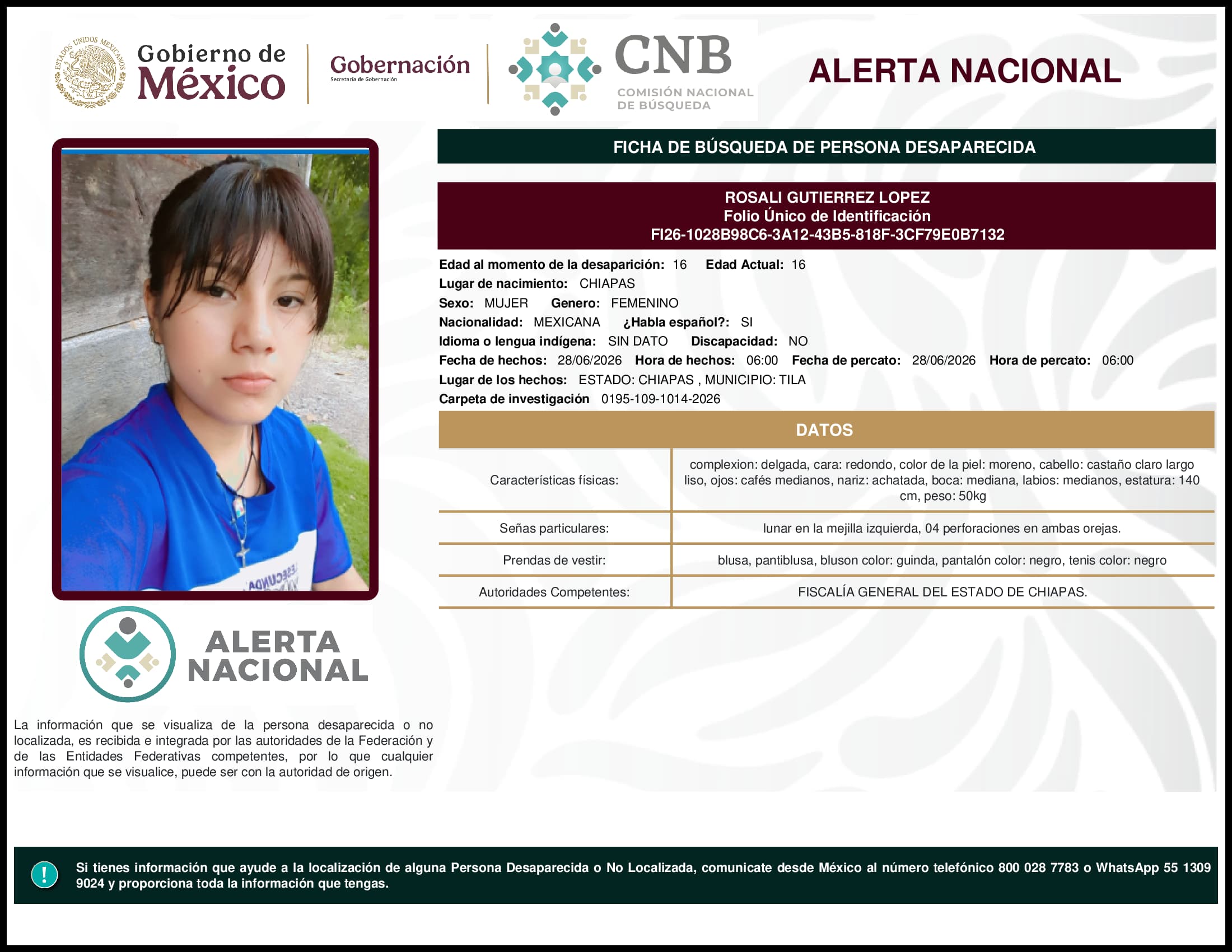 Persona desaparecida Rosali Gutierrez Lopez