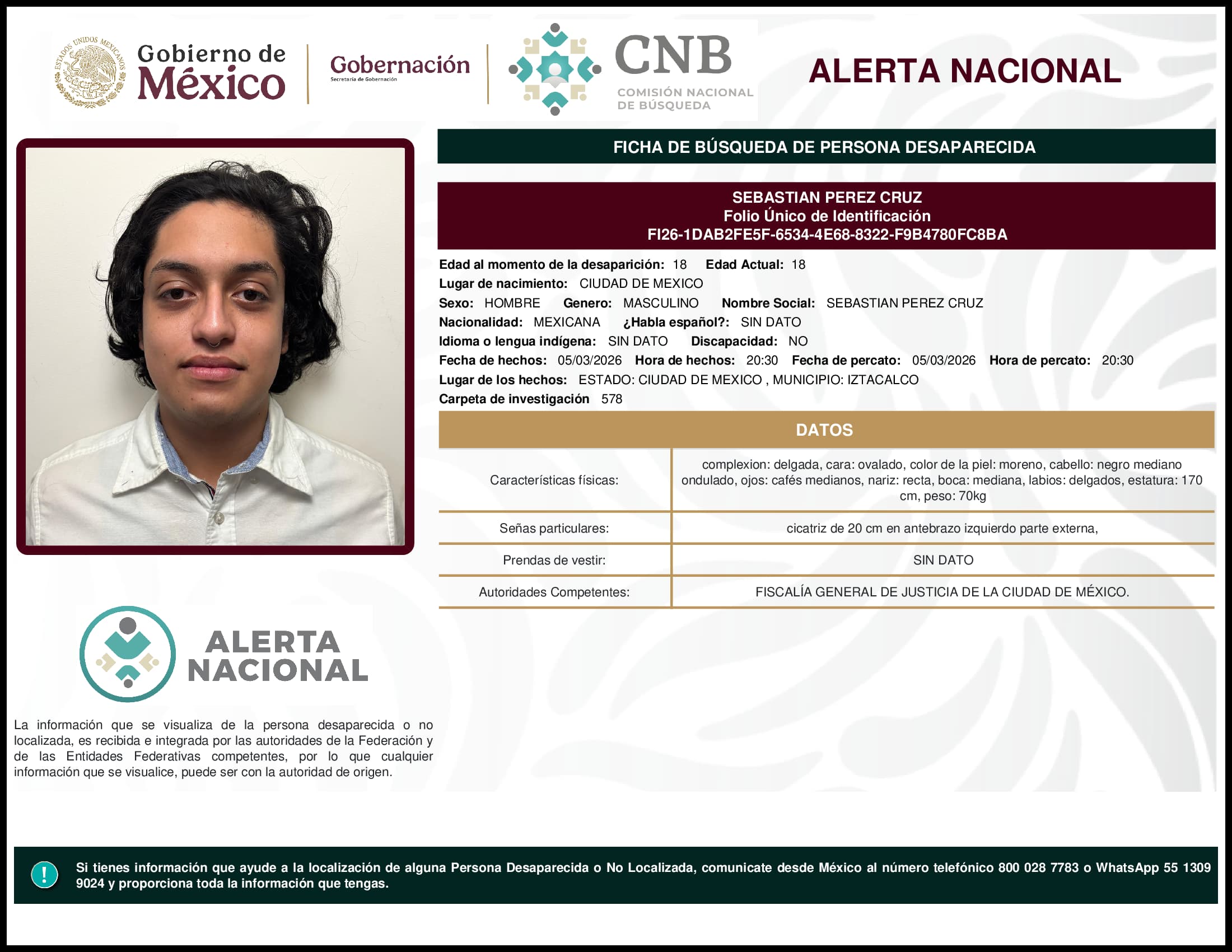 Persona desaparecida Sebastian Perez Cruz