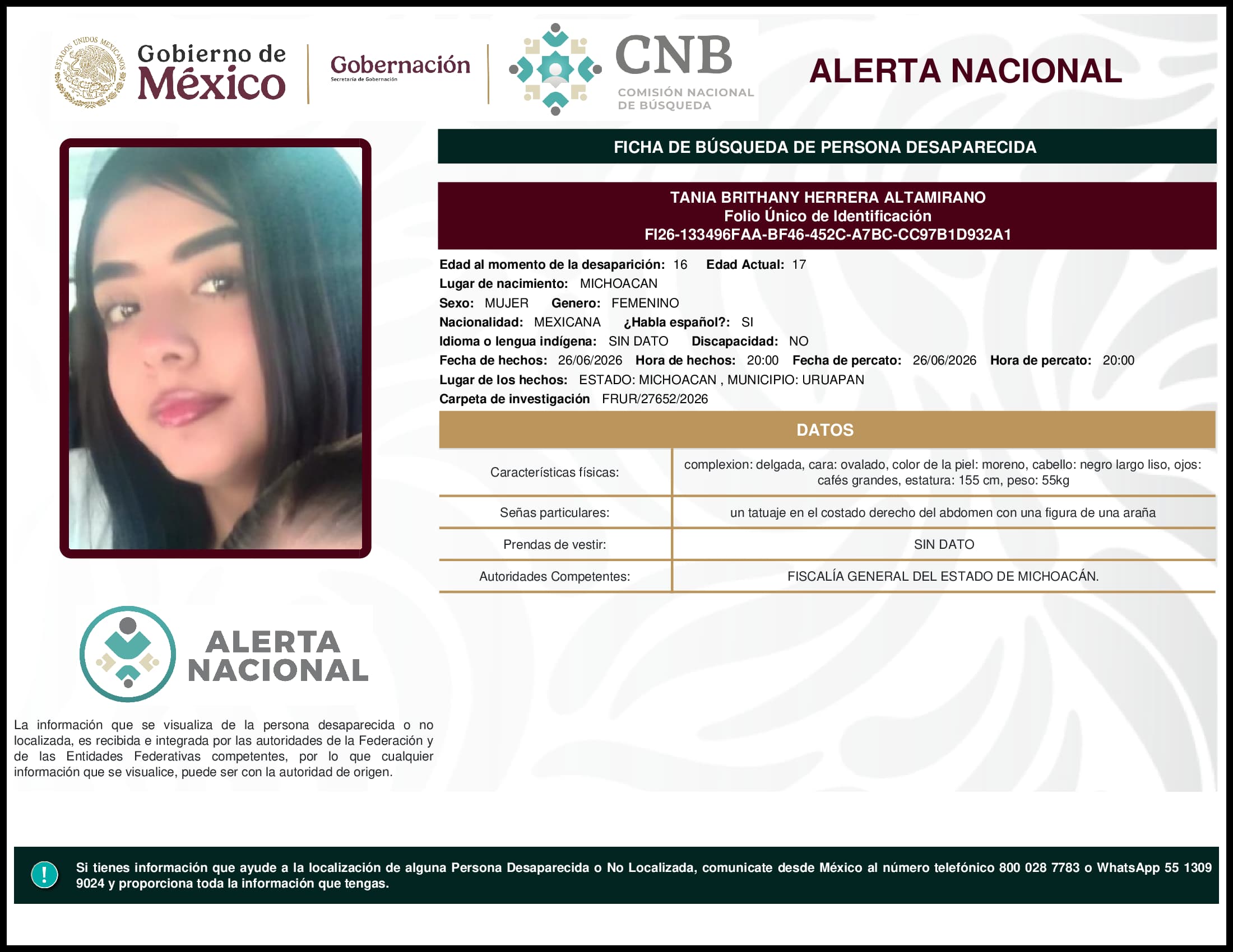 Persona desaparecida Tania Brithany Herrera Altamirano