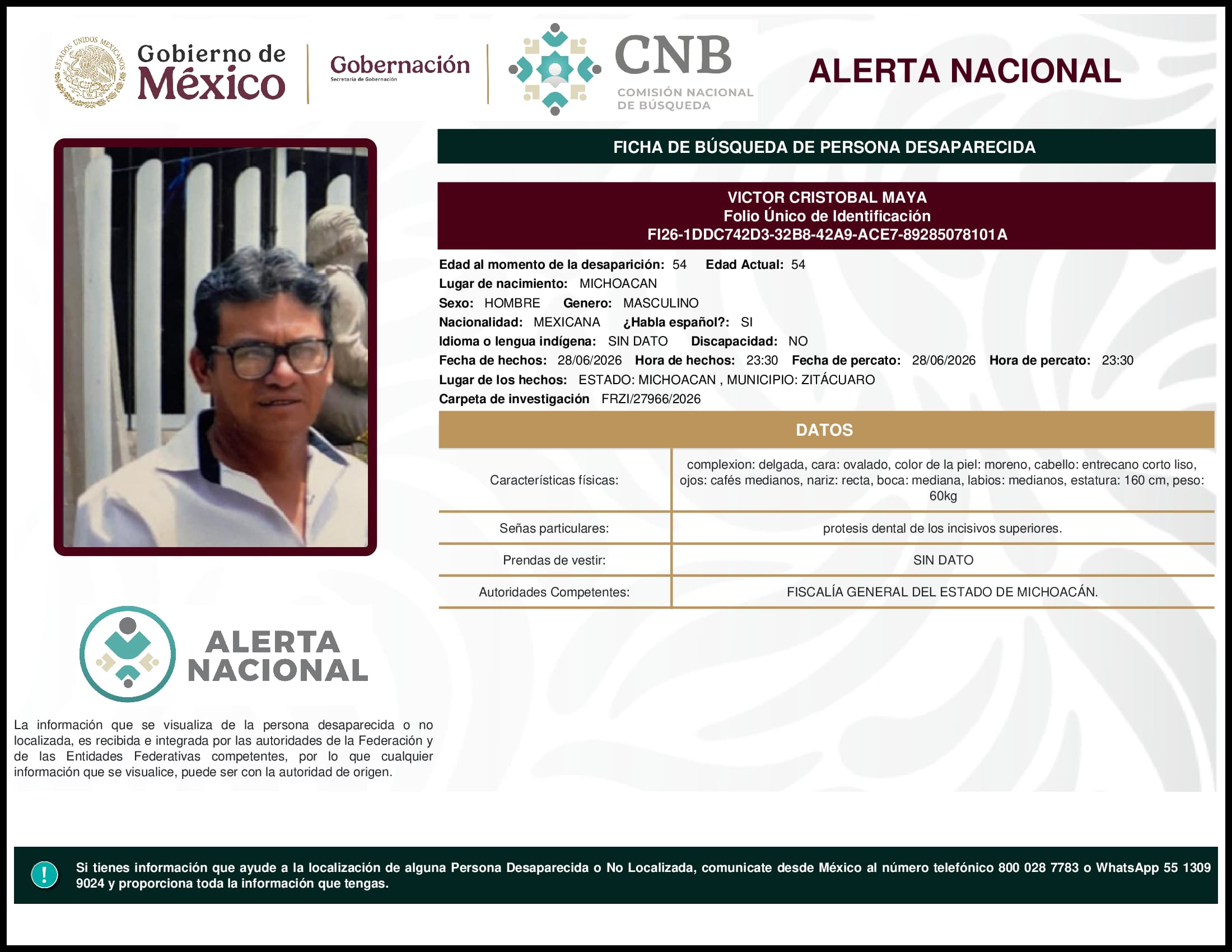 Persona desaparecida Victor Cristobal Maya