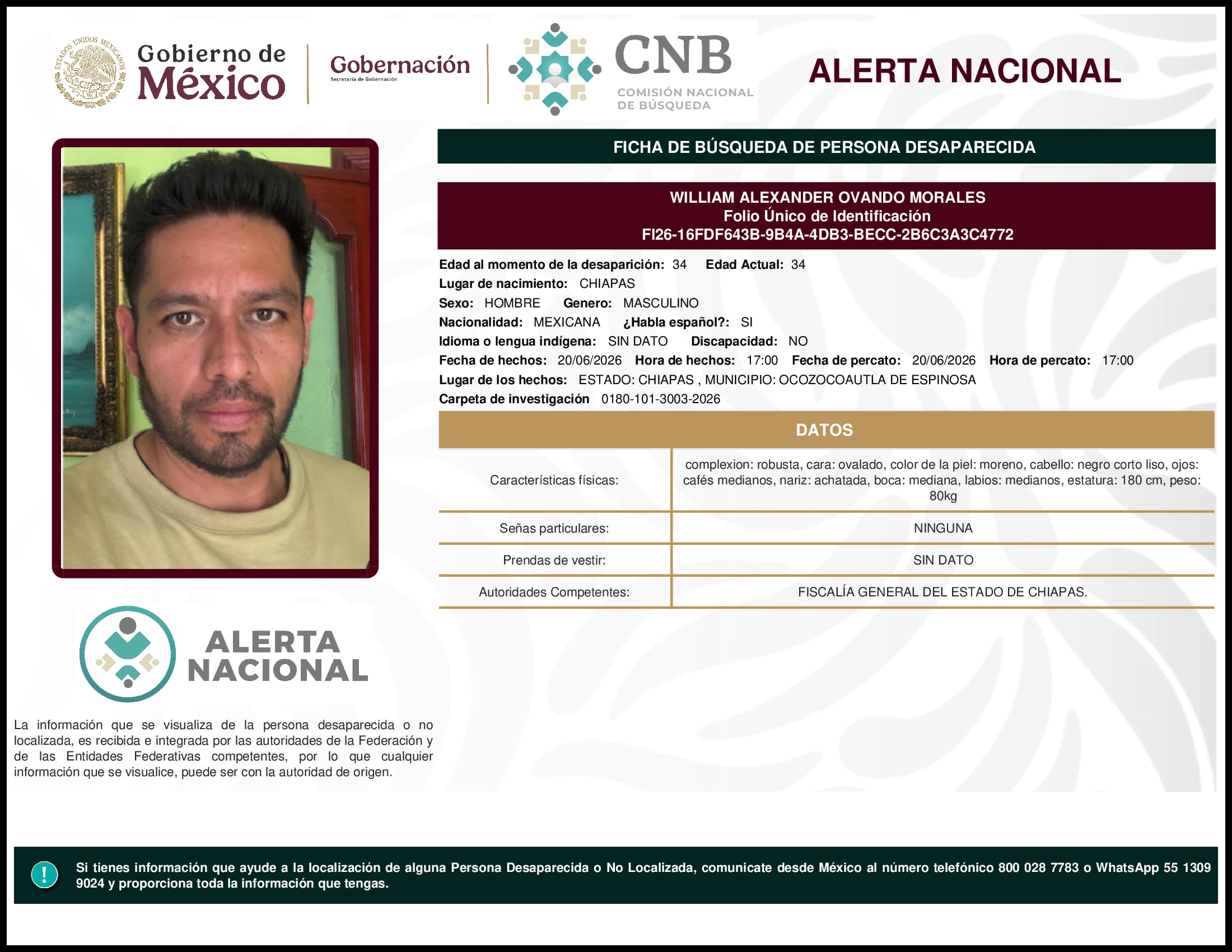 Persona desaparecida William Alexander Ovando Morales