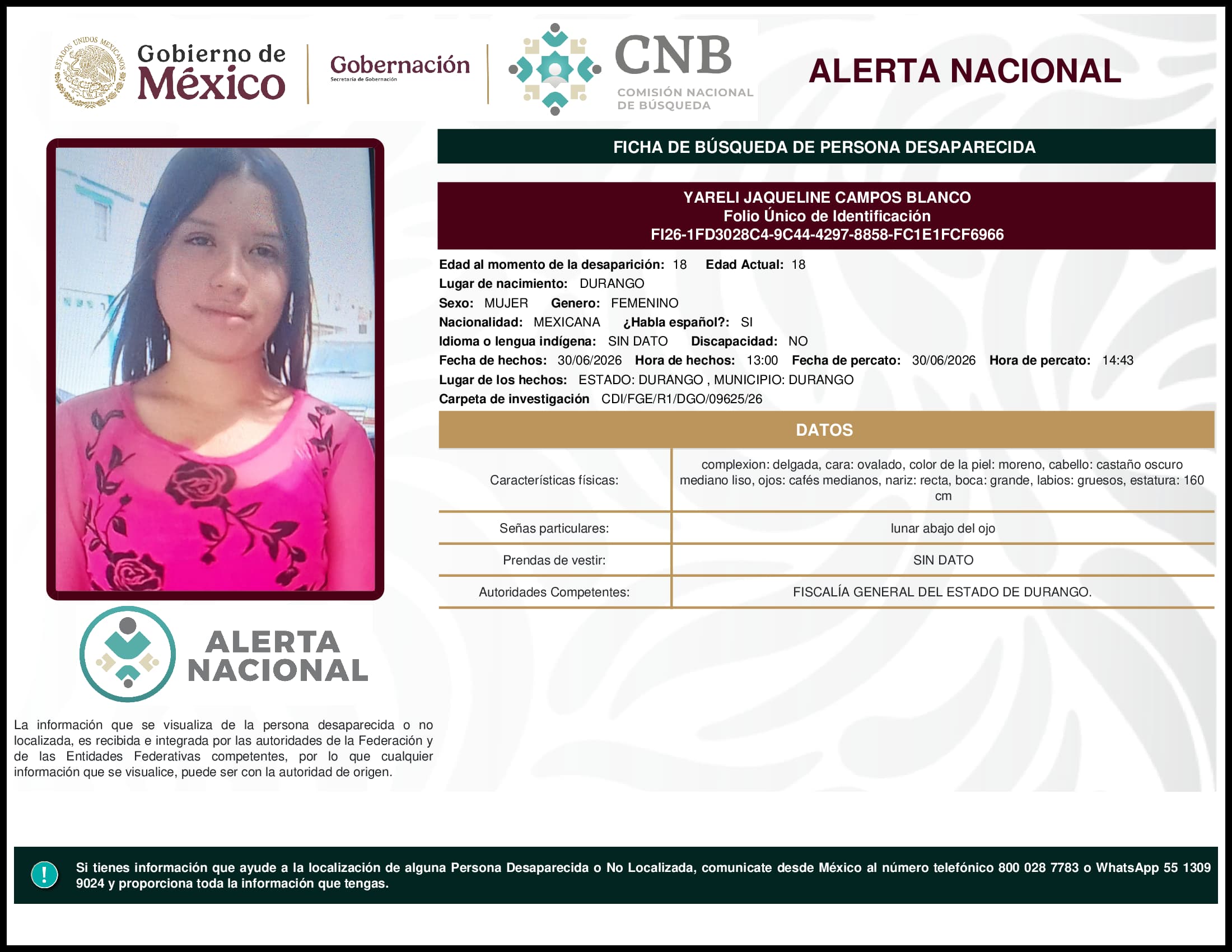 Persona desaparecida Yareli Jaqueline Campos Blanco