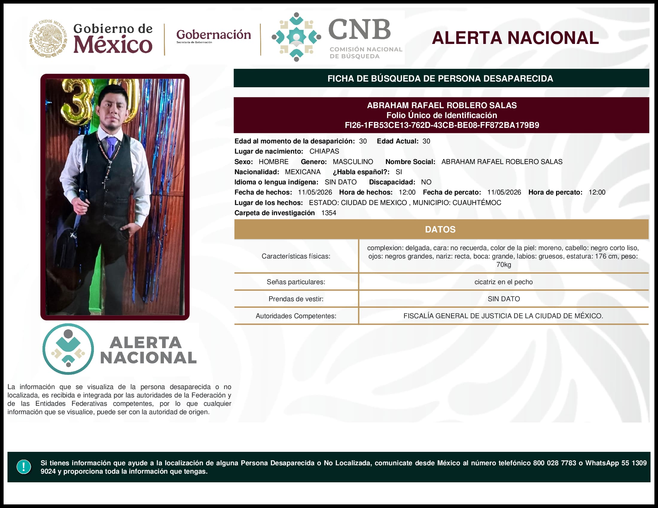 Persona desaparecida Abraham Rafael Roblero Salas