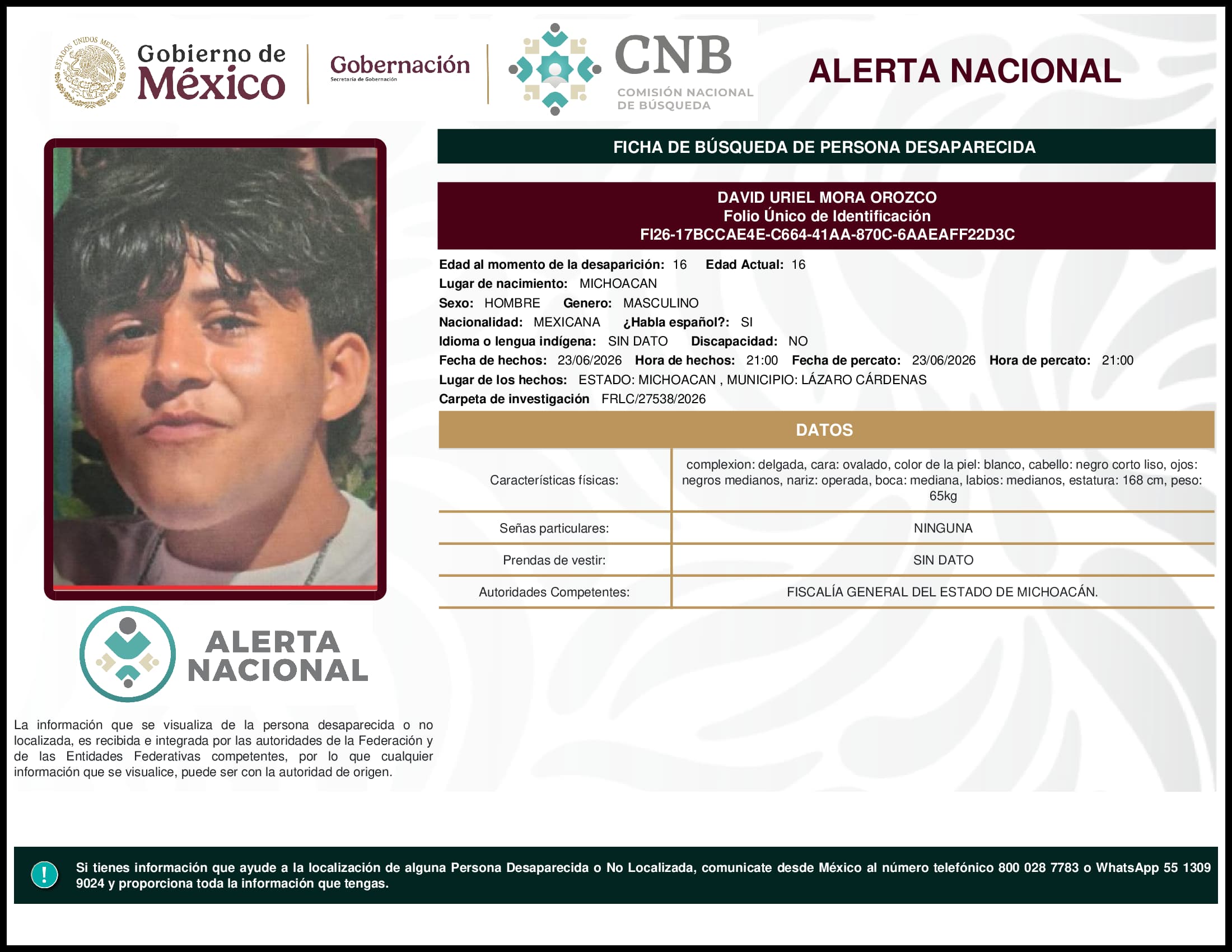Persona desaparecida David Uriel Mora Orozco