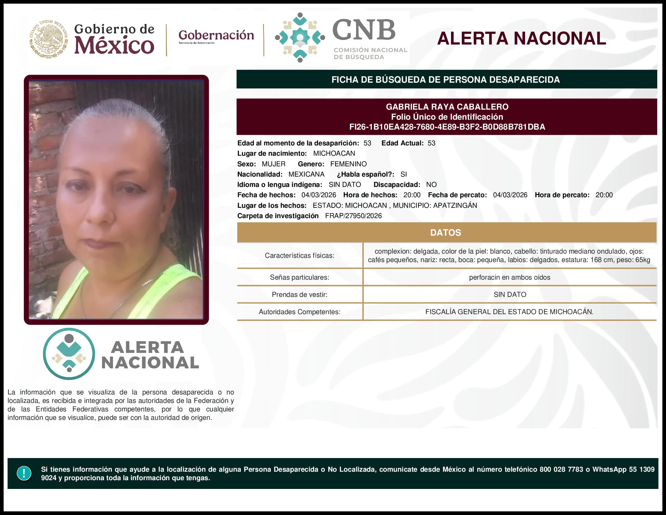 Persona desaparecida Gabriela Raya Caballero