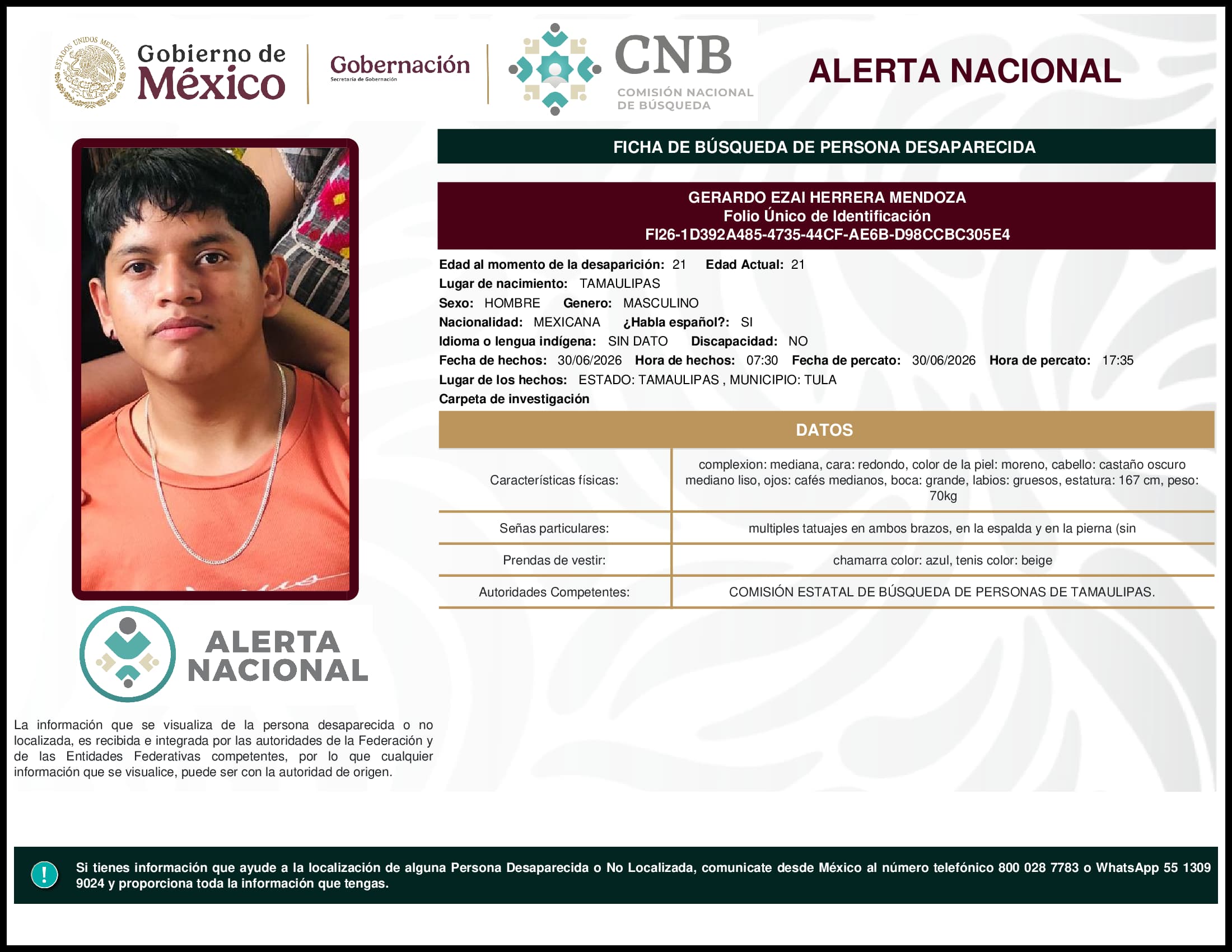 Persona desaparecida Gerardo Ezai Herrera Mendoza