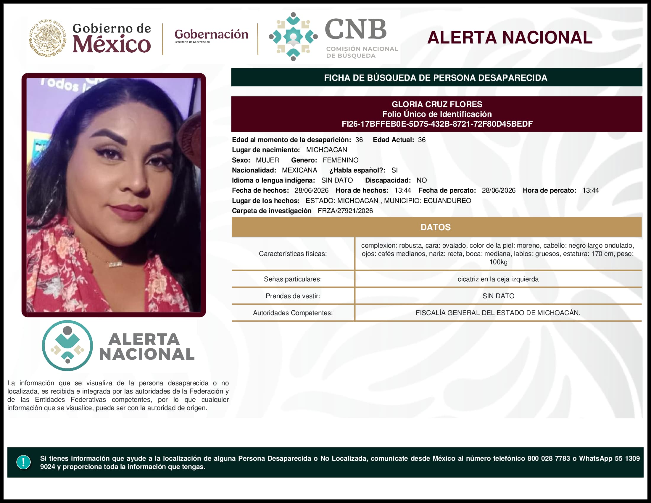 Persona desaparecida Gloria Cruz Flores