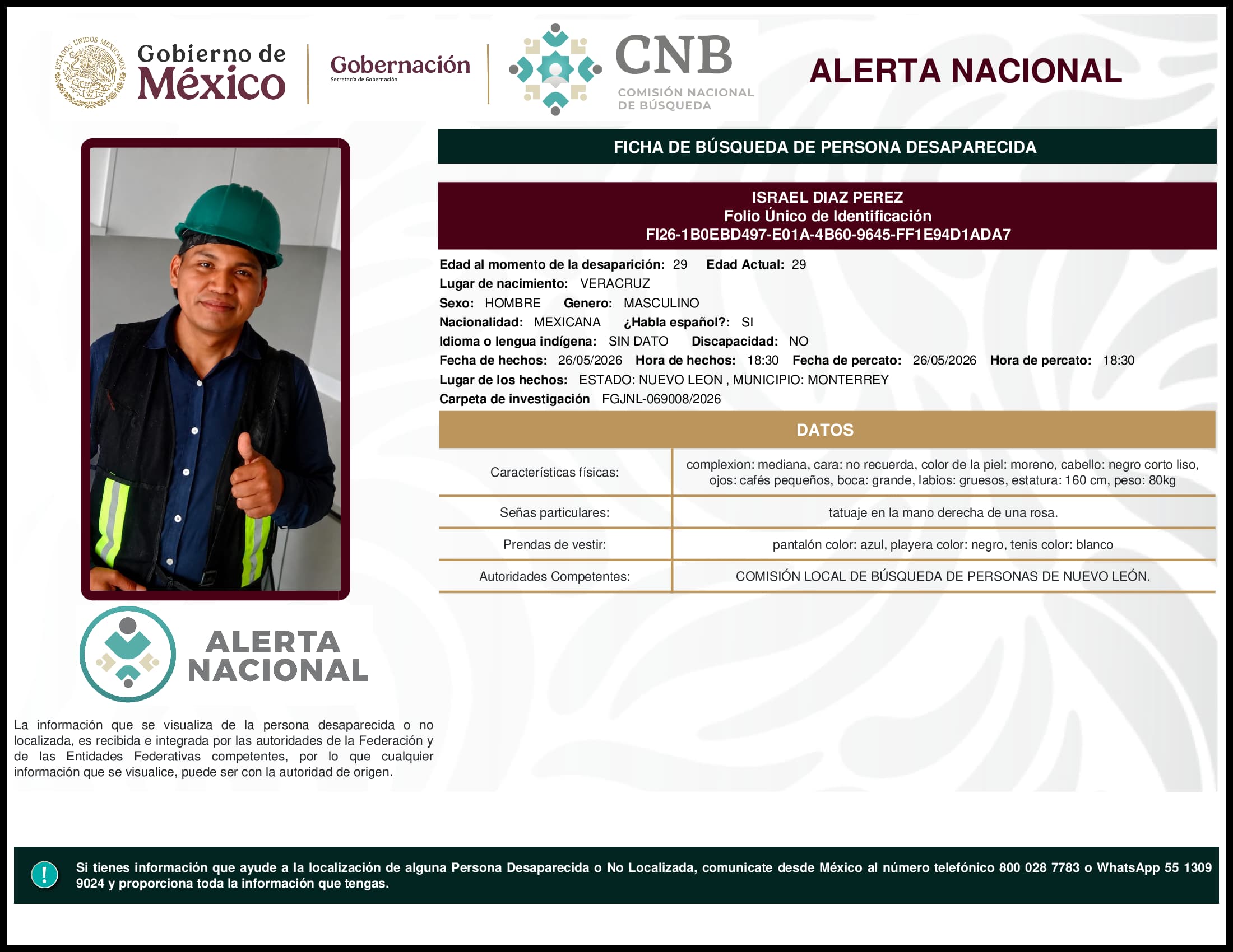 Persona desaparecida Israel Diaz Perez