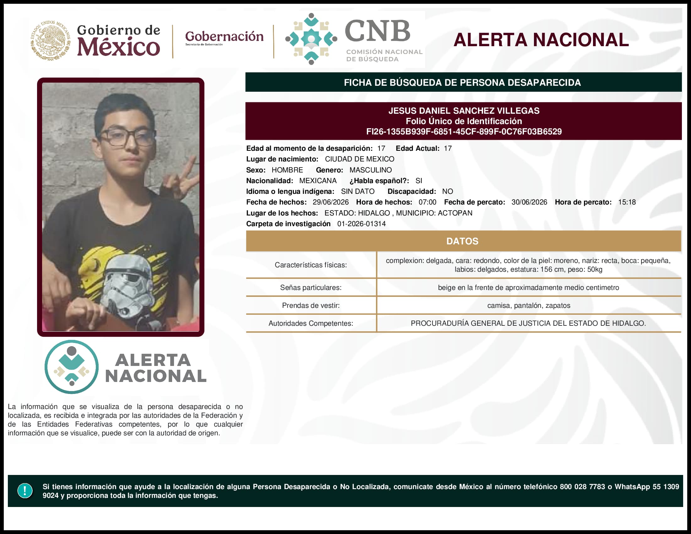 Persona desaparecida Jesus Daniel Sanchez Villegas