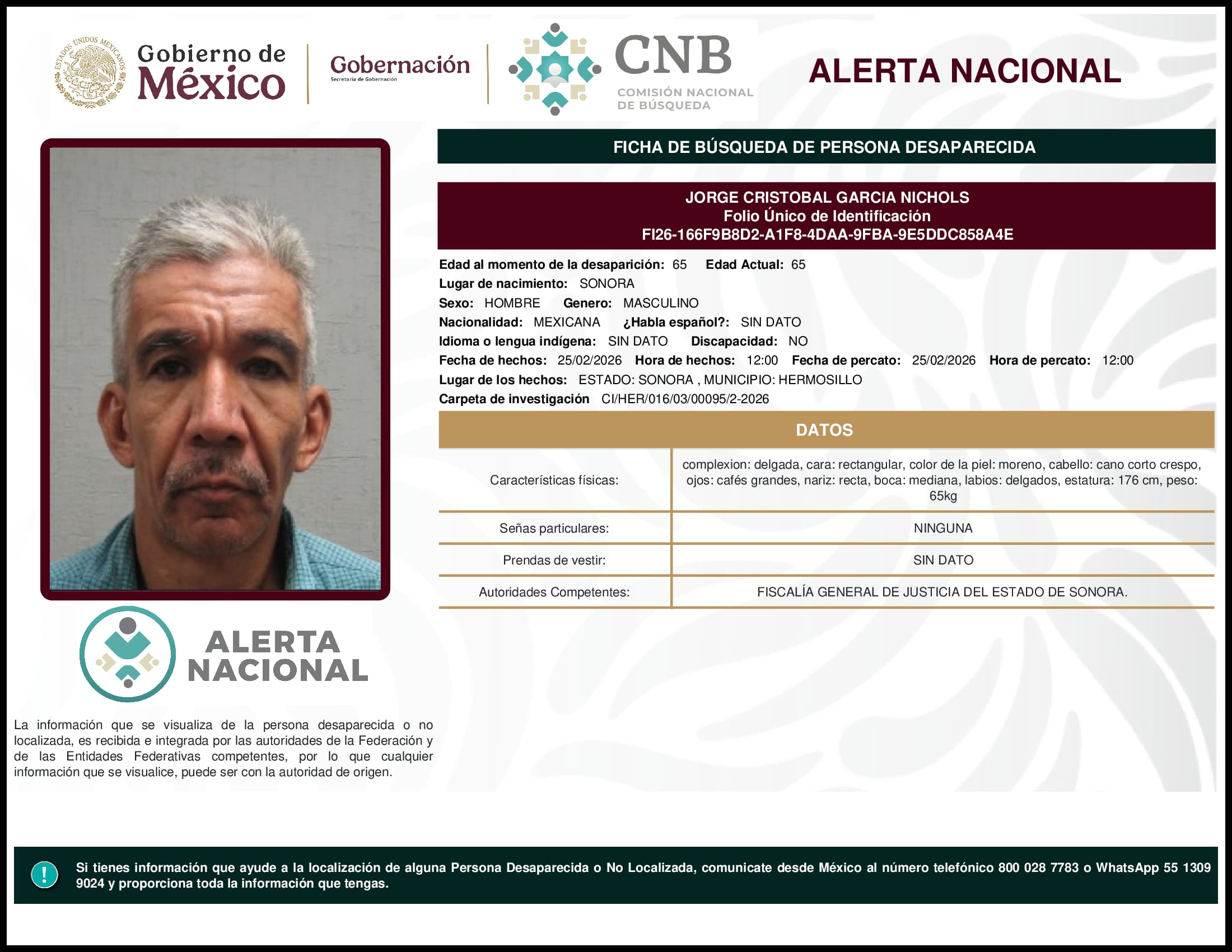 Persona desaparecida Jorge Cristobal Garcia Nichols