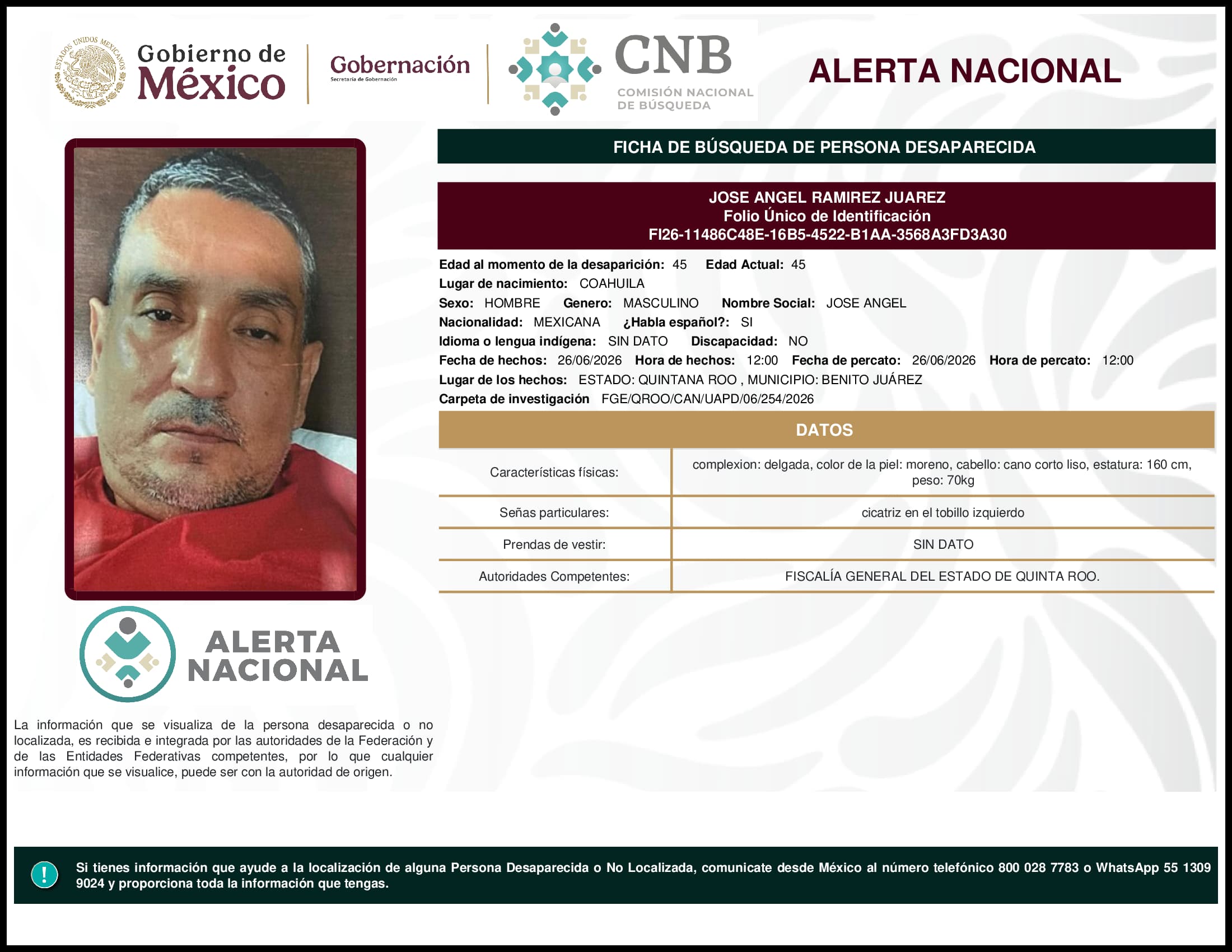 Persona desaparecida Jose Angel Ramirez Juarez