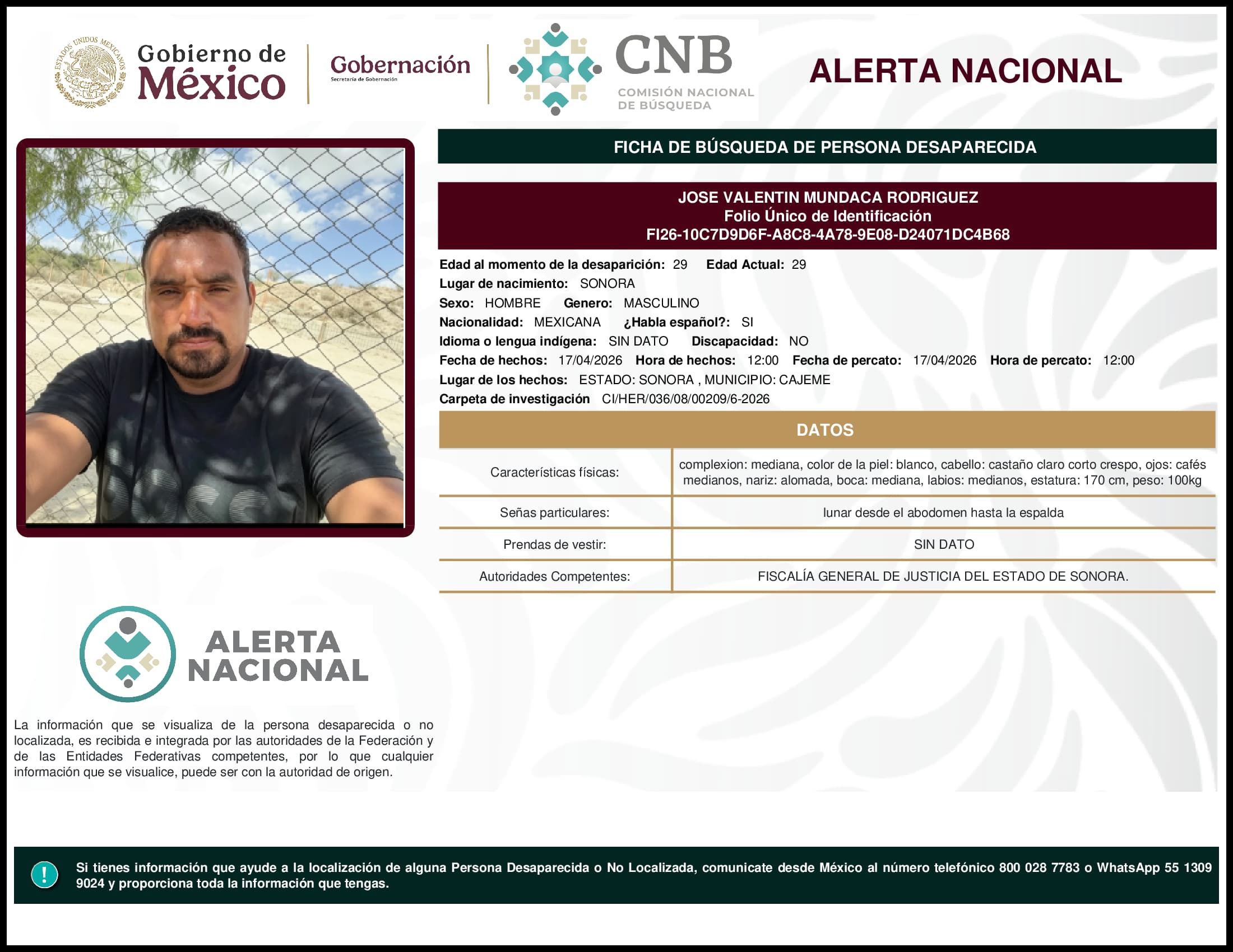 Persona desaparecida Jose Valentin Mundaca Rodriguez