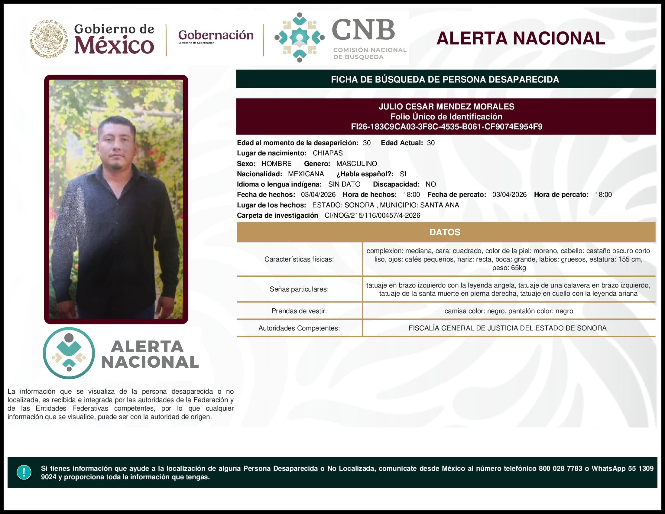 Persona desaparecida Julio Cesar Mendez Morales