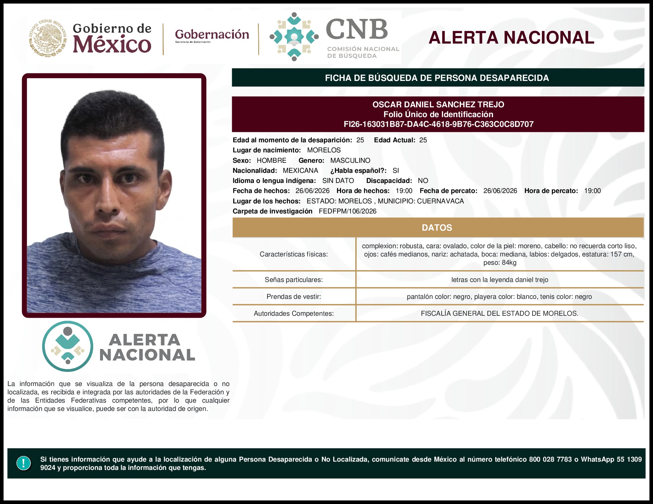 Persona desaparecida Oscar Daniel Sanchez Trejo
