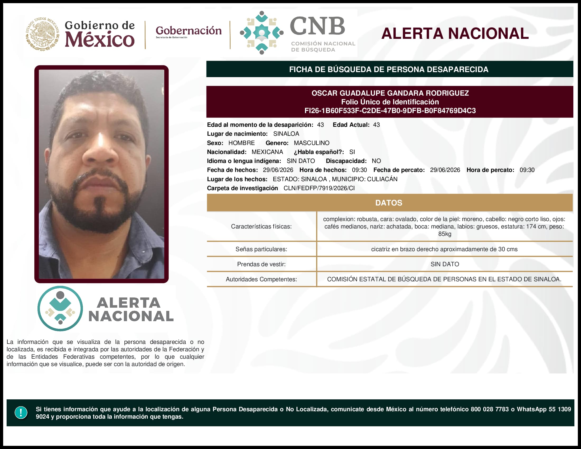 Persona desaparecida Oscar Guadalupe Gandara Rodriguez