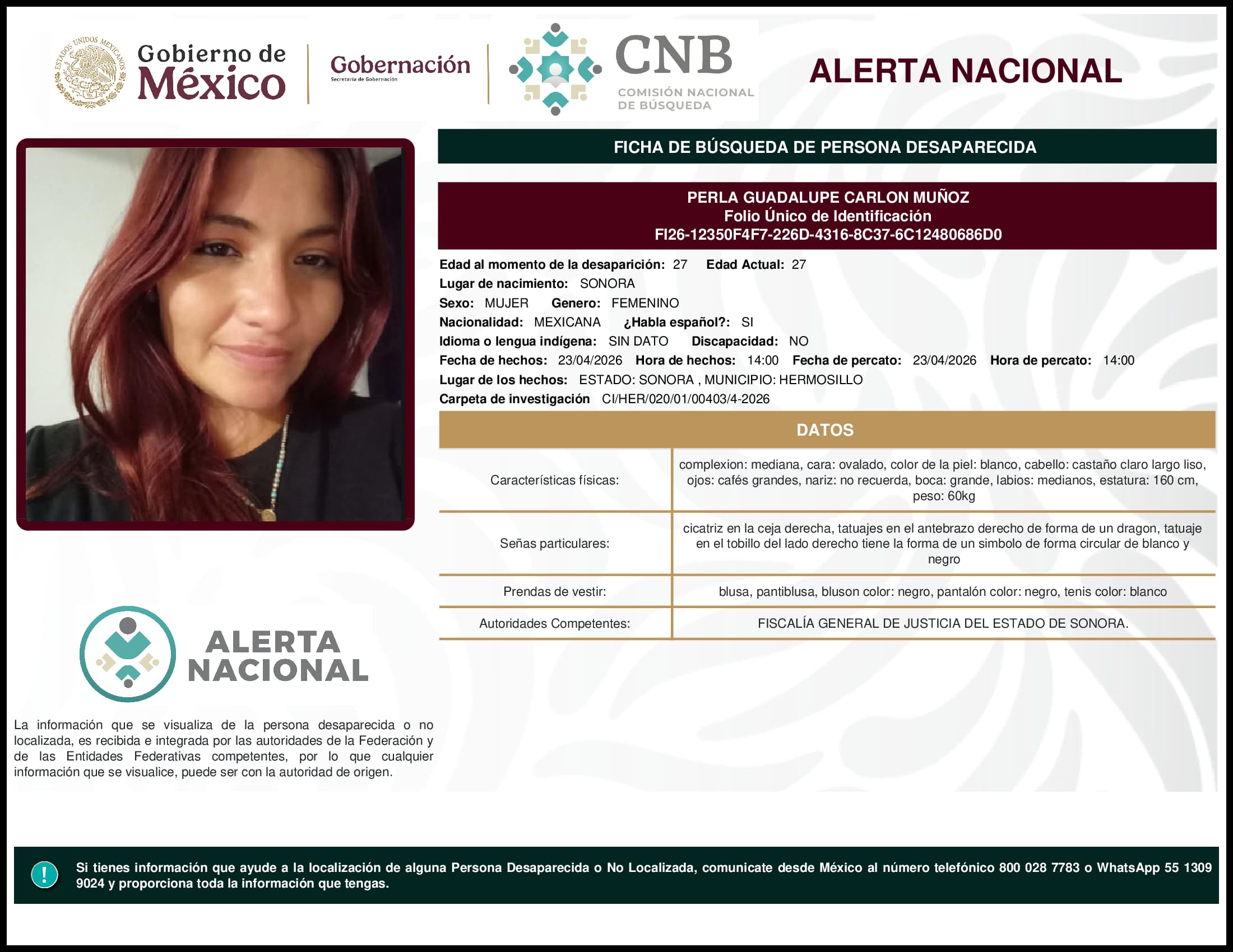 Persona desaparecida Perla Guadalupe Carlon Munoz
