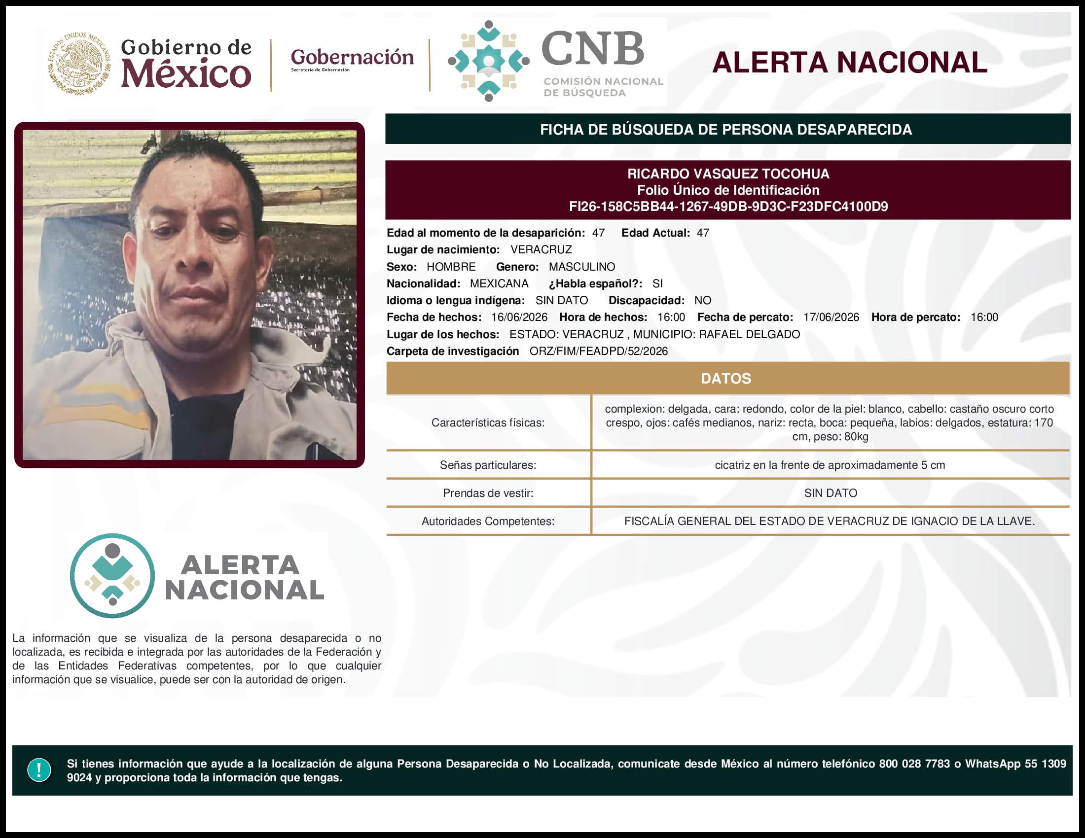Persona desaparecida Ricardo Vasquez Tocohua