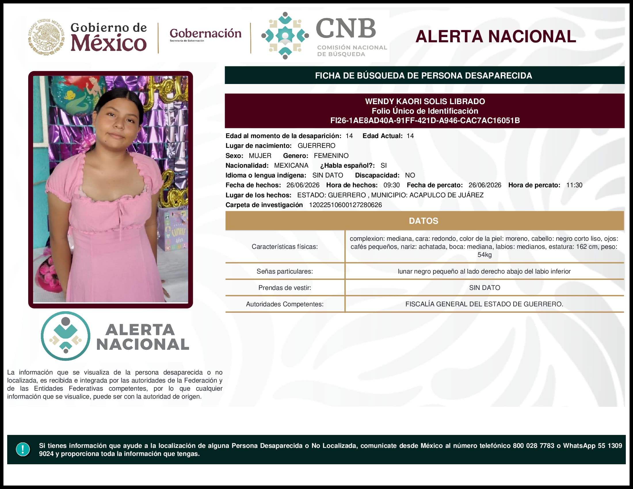 Persona desaparecida Wendy Kaori Solis Librado