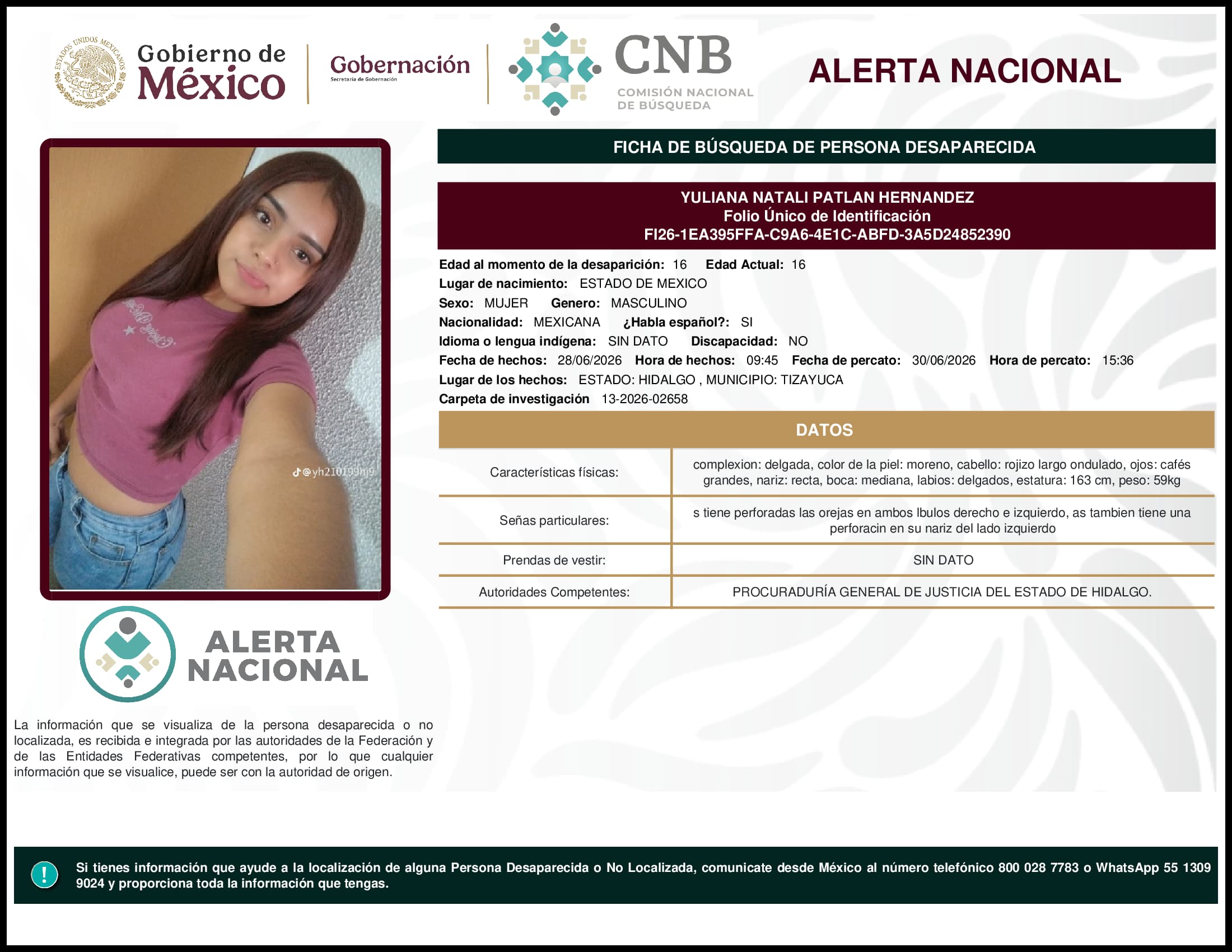 Persona desaparecida Yuliana Natali Patlan Hernandez