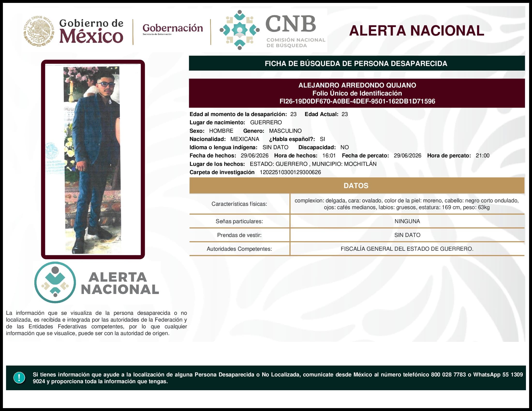 Persona desaparecida Alejandro Arredondo Quijano