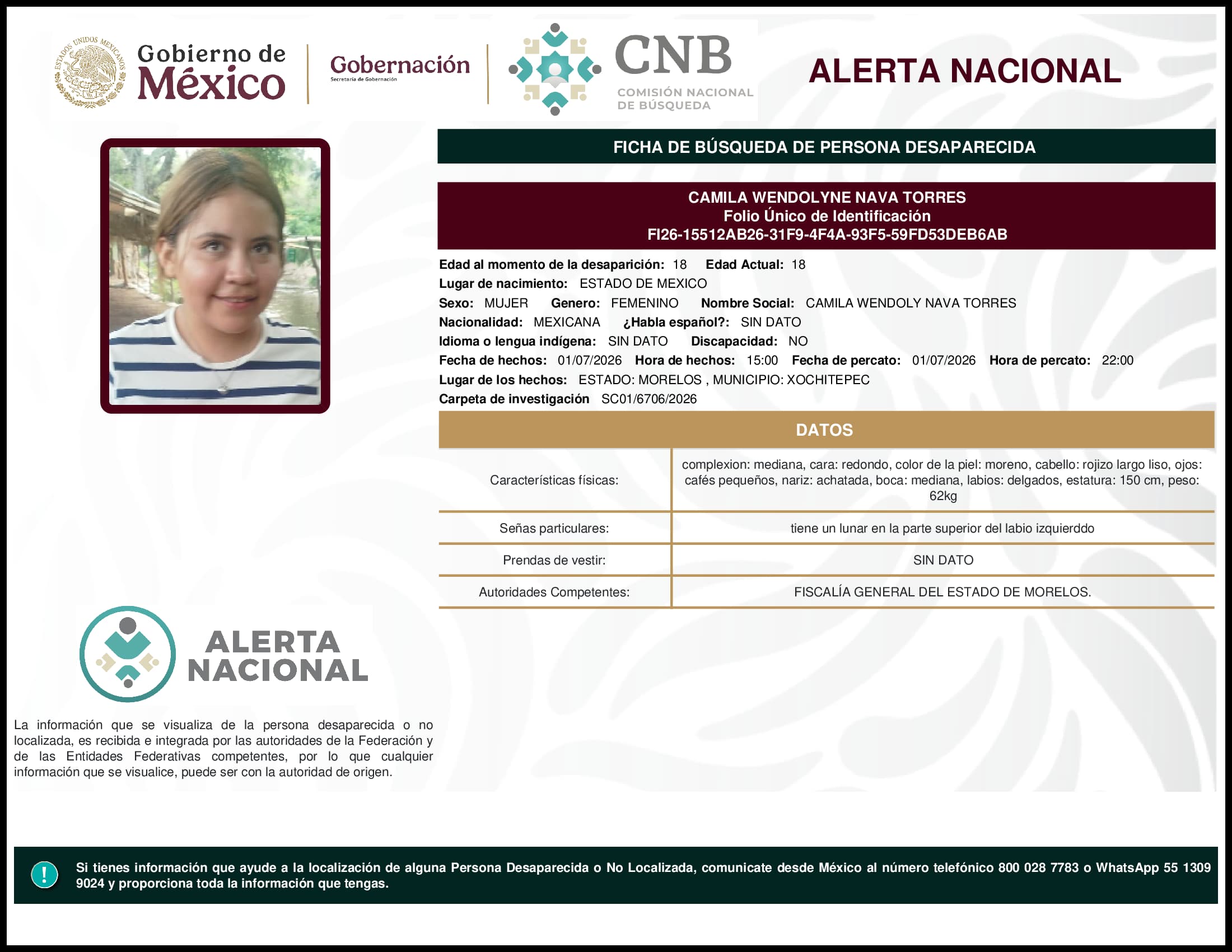 Persona desaparecida Camila Wendolyne Nava Torres
