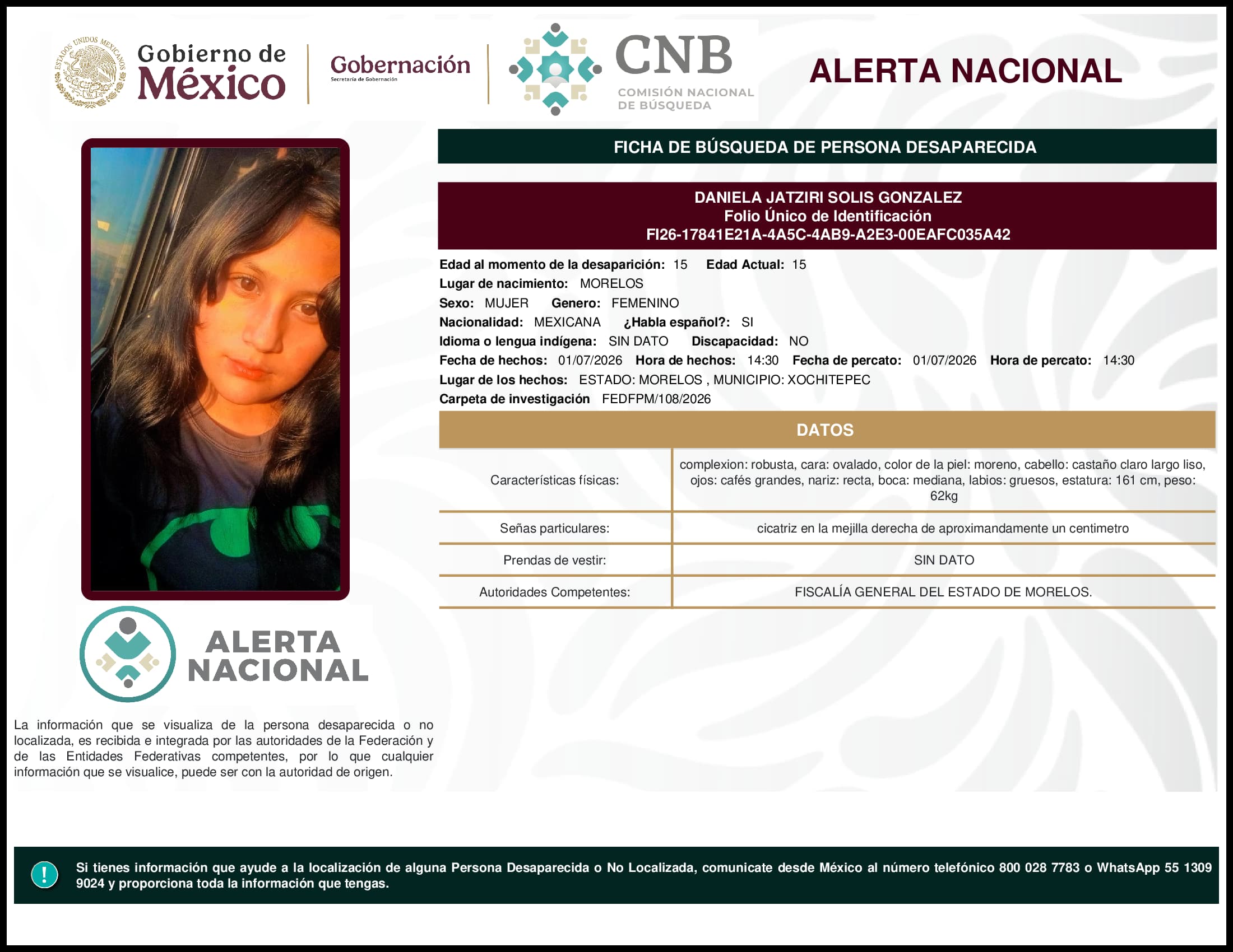 Persona desaparecida Daniela Jatziri Solis Gonzalez