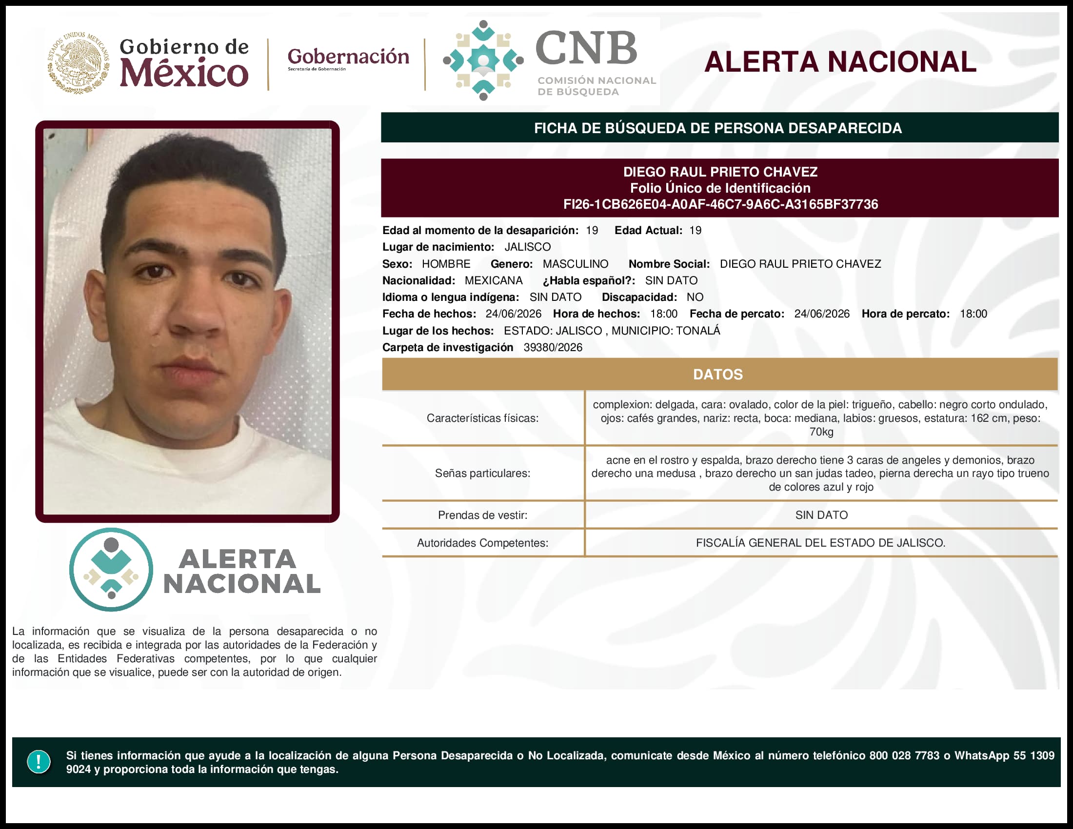 Persona desaparecida Diego Raul Prieto Chavez