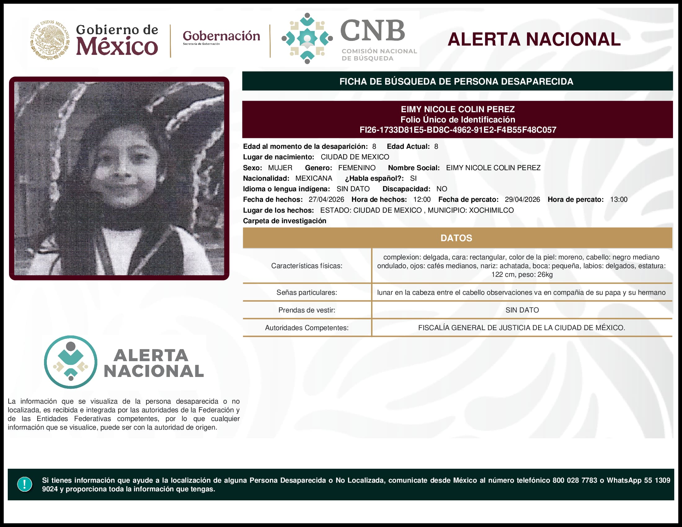 Persona desaparecida Eimy Nicole Colin Perez