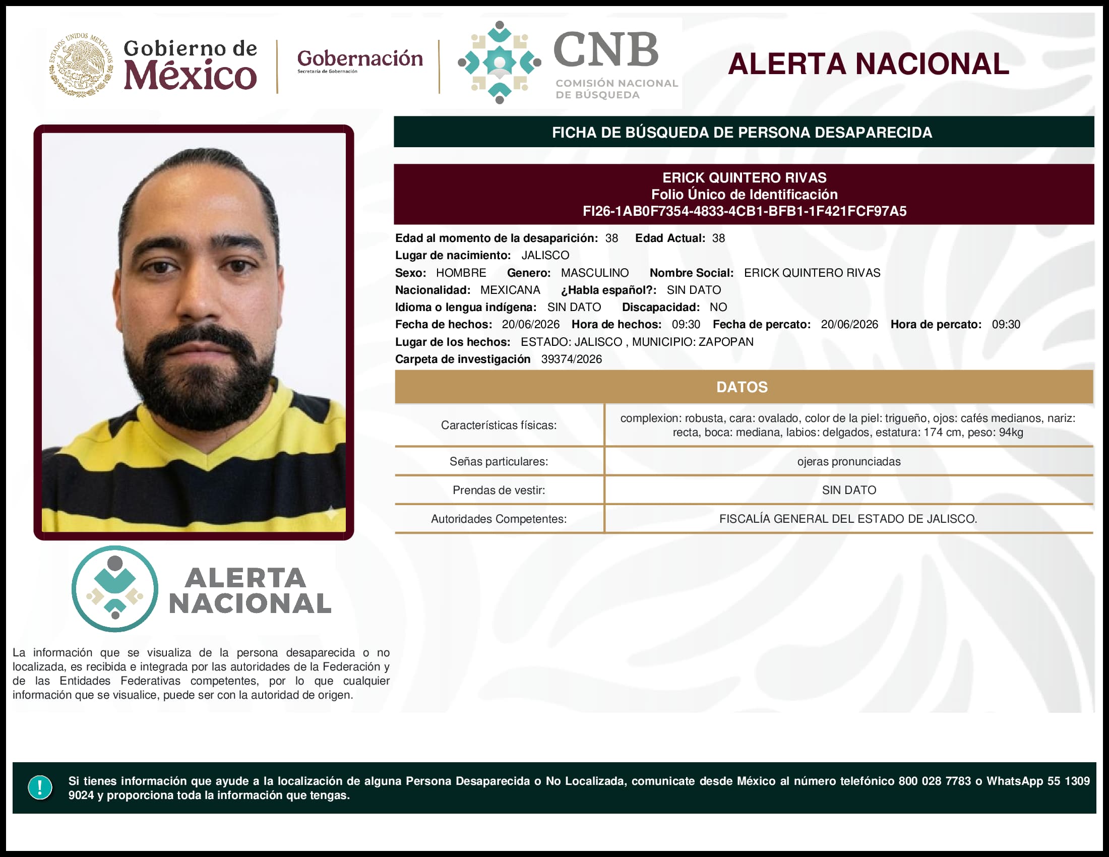 Persona desaparecida Erick Quintero Rivas