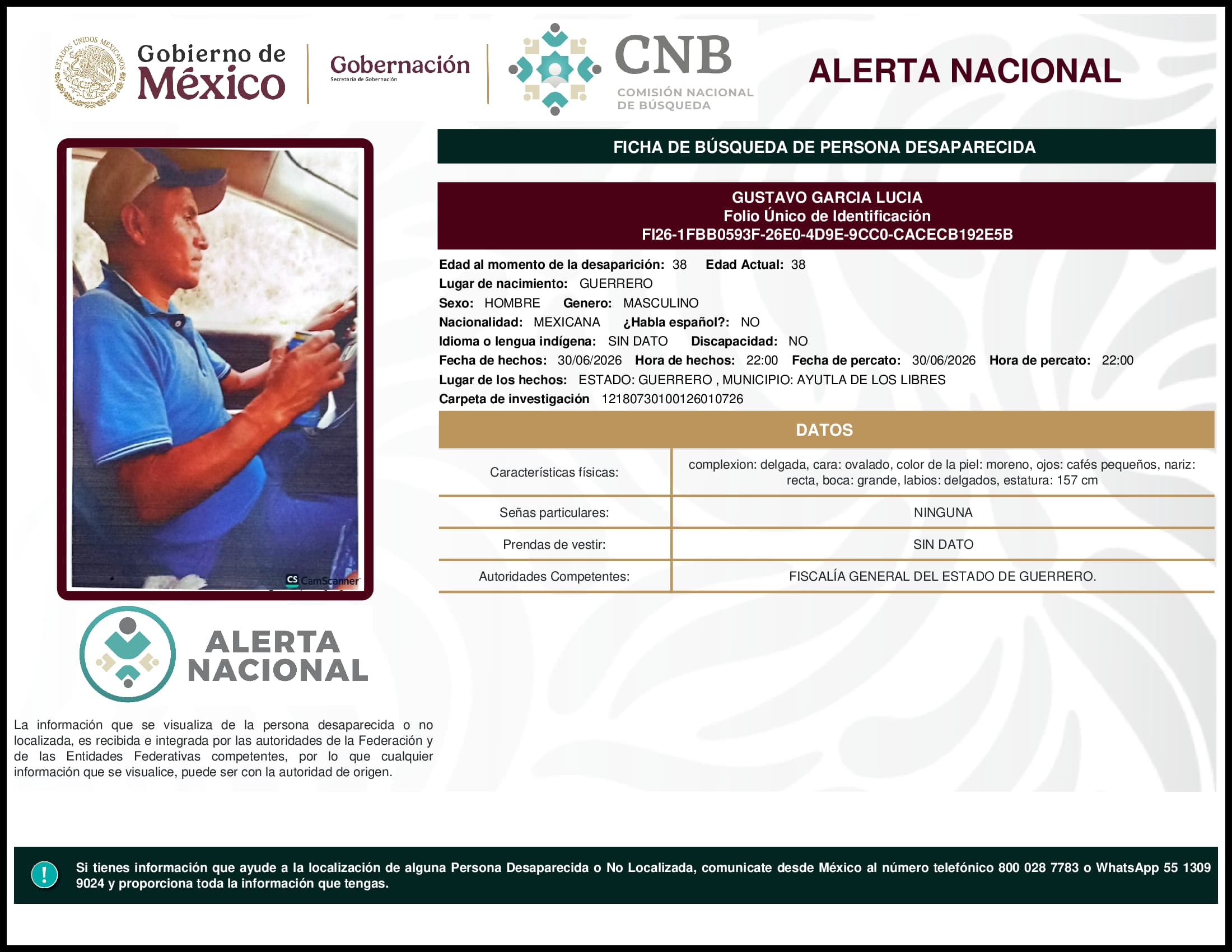 Persona desaparecida Gustavo Garcia Lucia