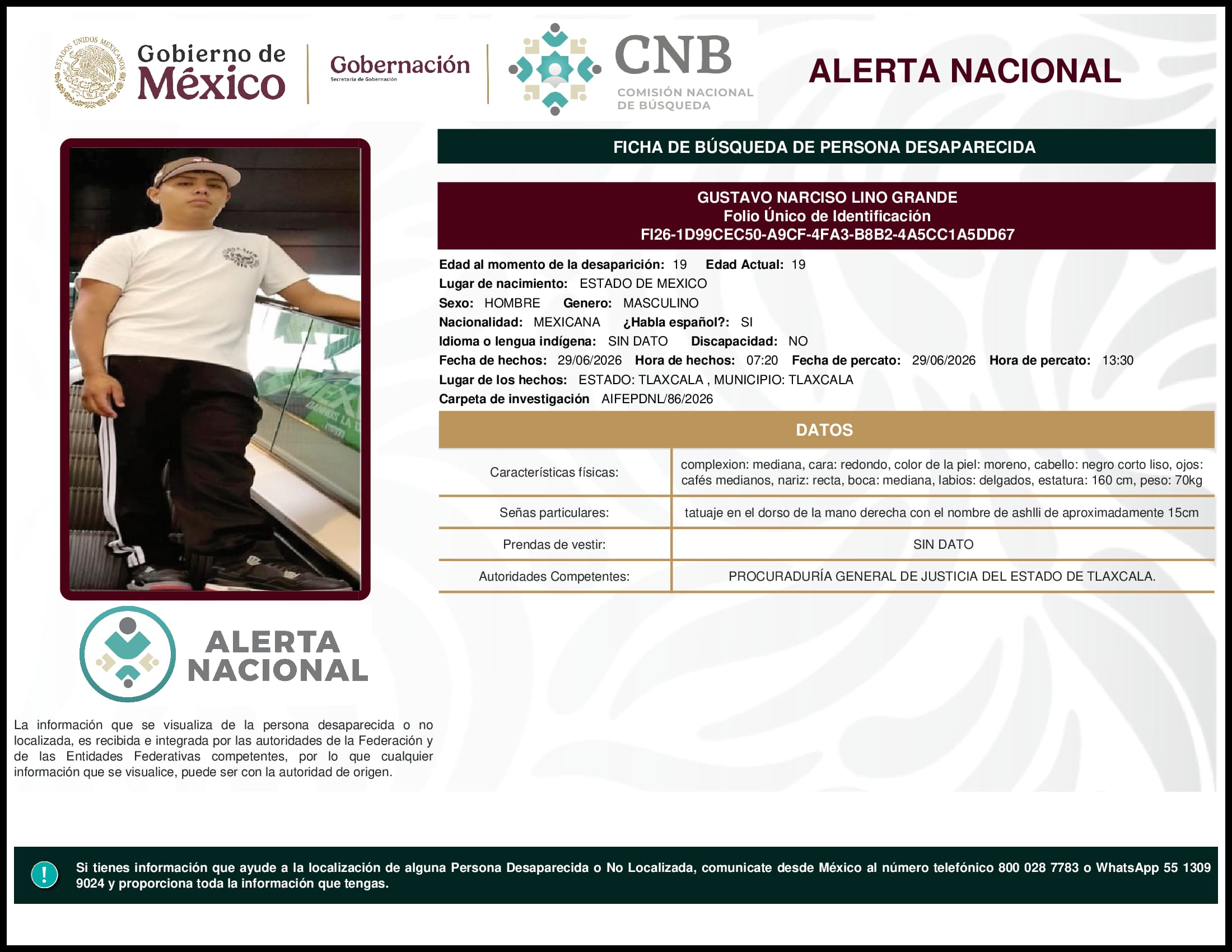 Persona desaparecida Gustavo Narciso Lino Grande