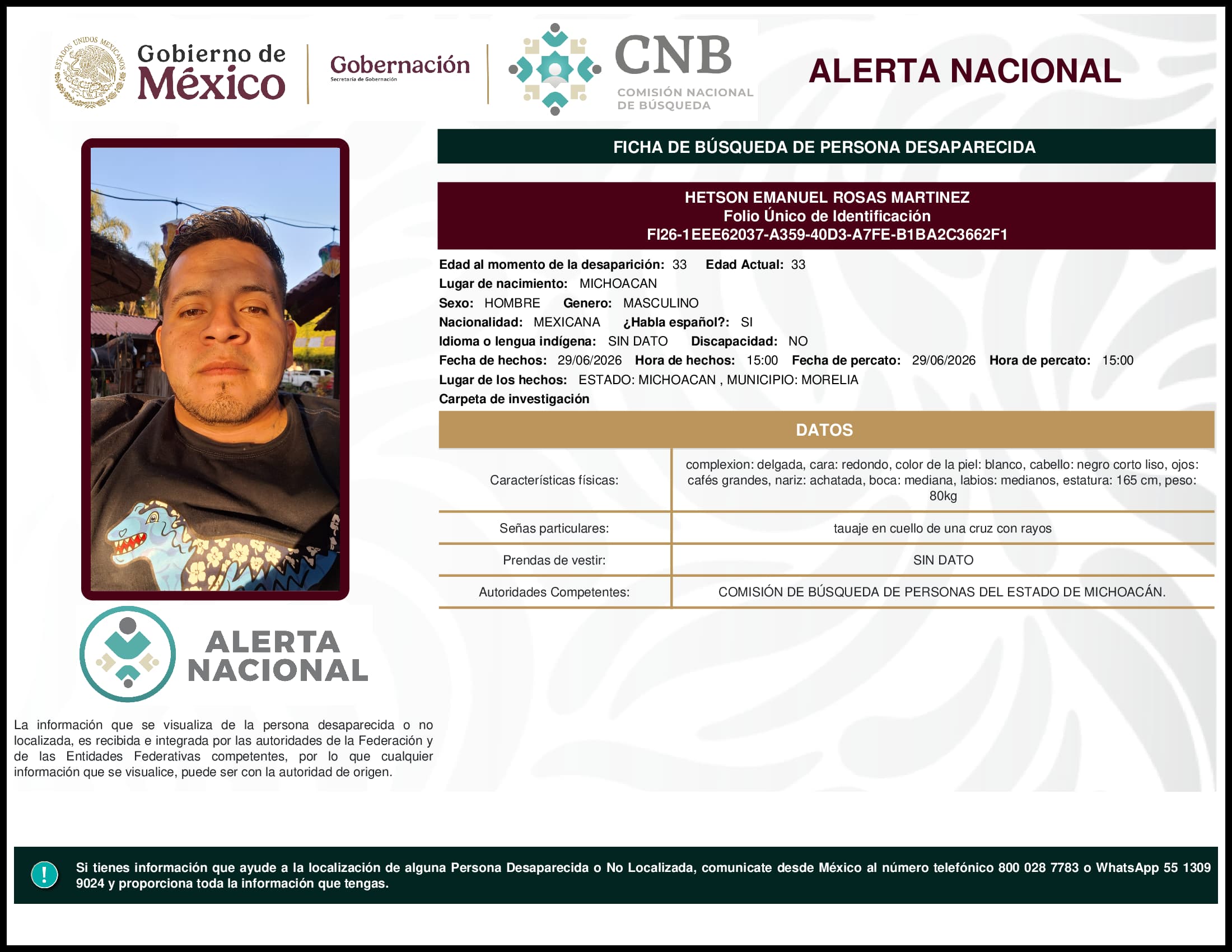 Persona desaparecida Hetson Emanuel Rosas Martinez