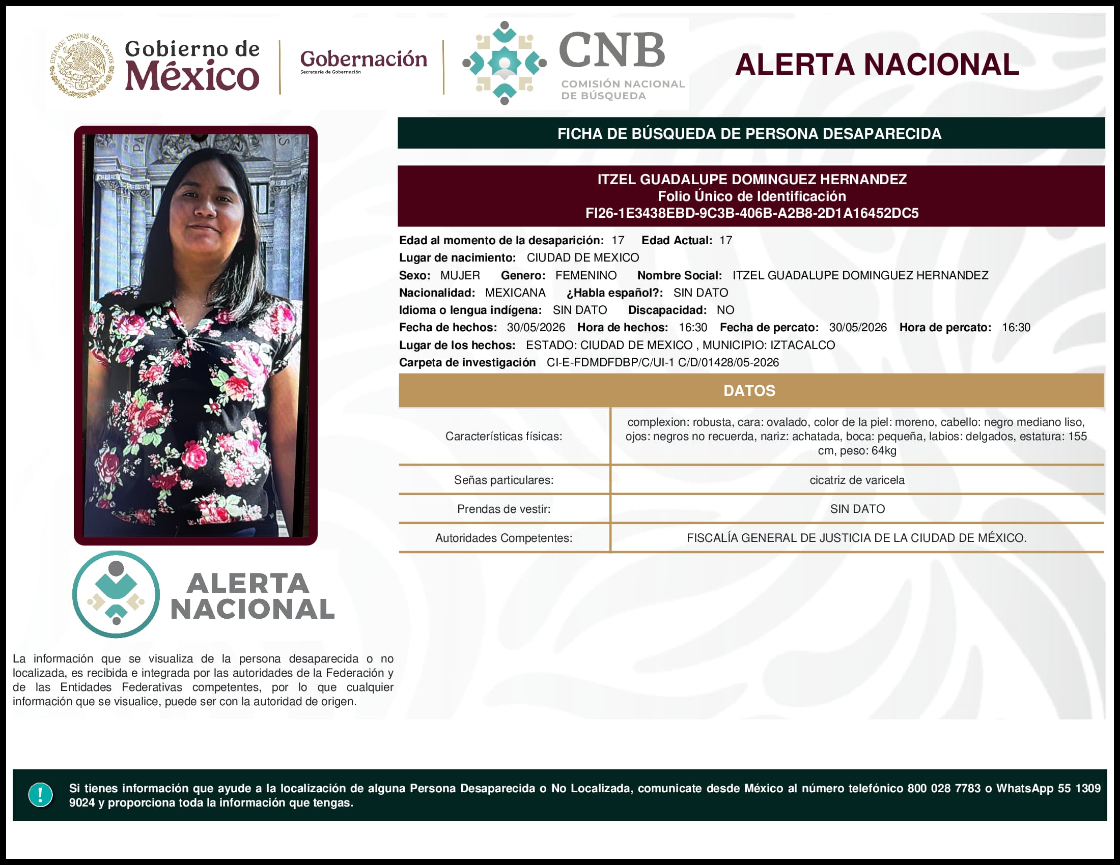 Persona desaparecida Itzel Guadalupe Dominguez Hernandez