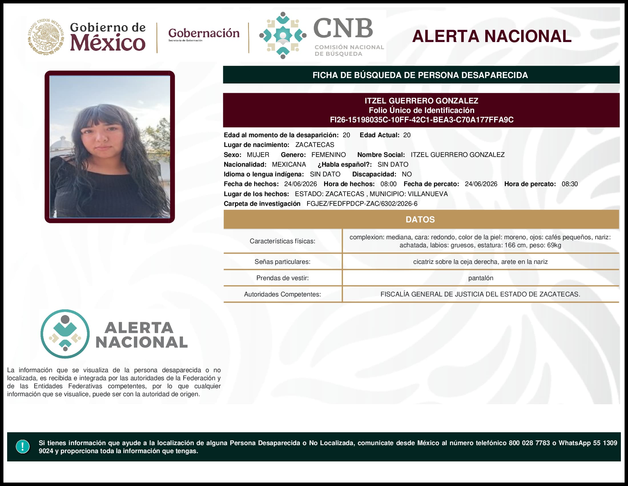 Persona desaparecida Itzel Guerrero Gonzalez
