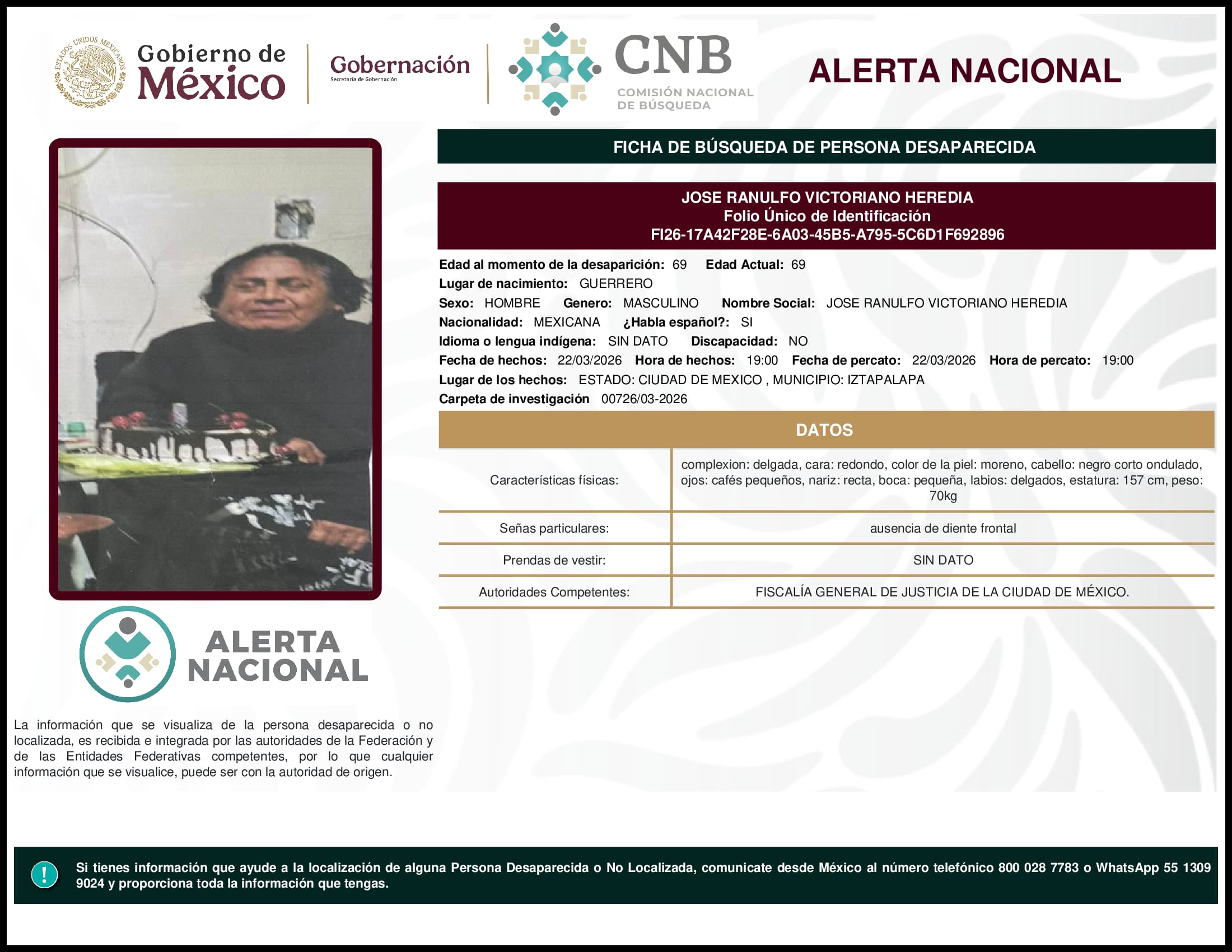 Persona desaparecida Jose Ranulfo Victoriano Heredia