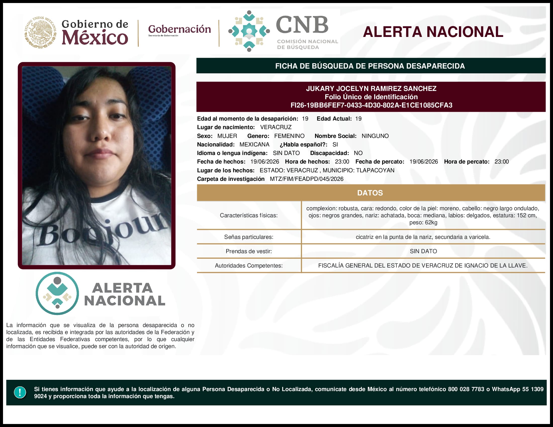 Persona desaparecida Jukary Jocelyn Ramirez Sanchez