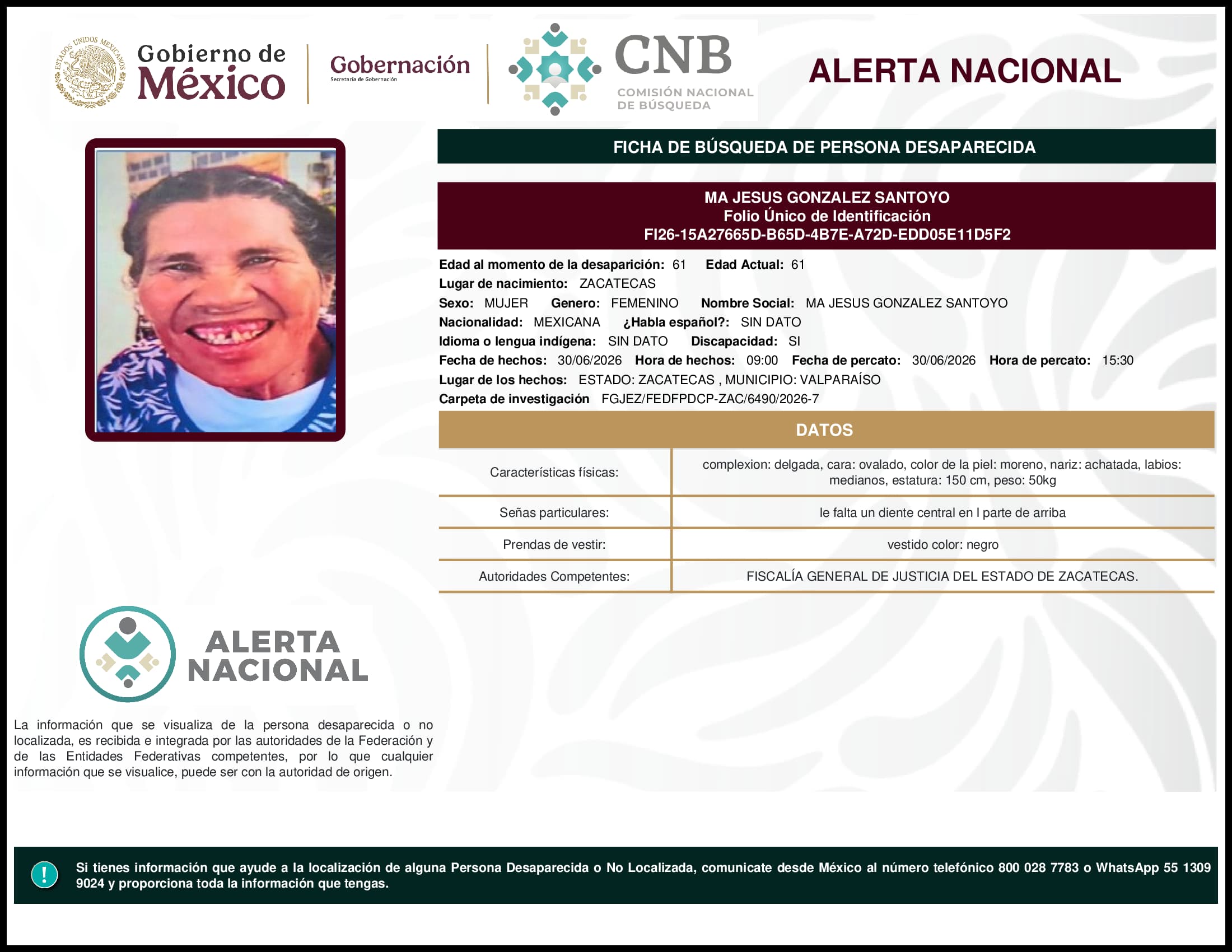 Persona desaparecida Ma Jesus Gonzalez Santoyo