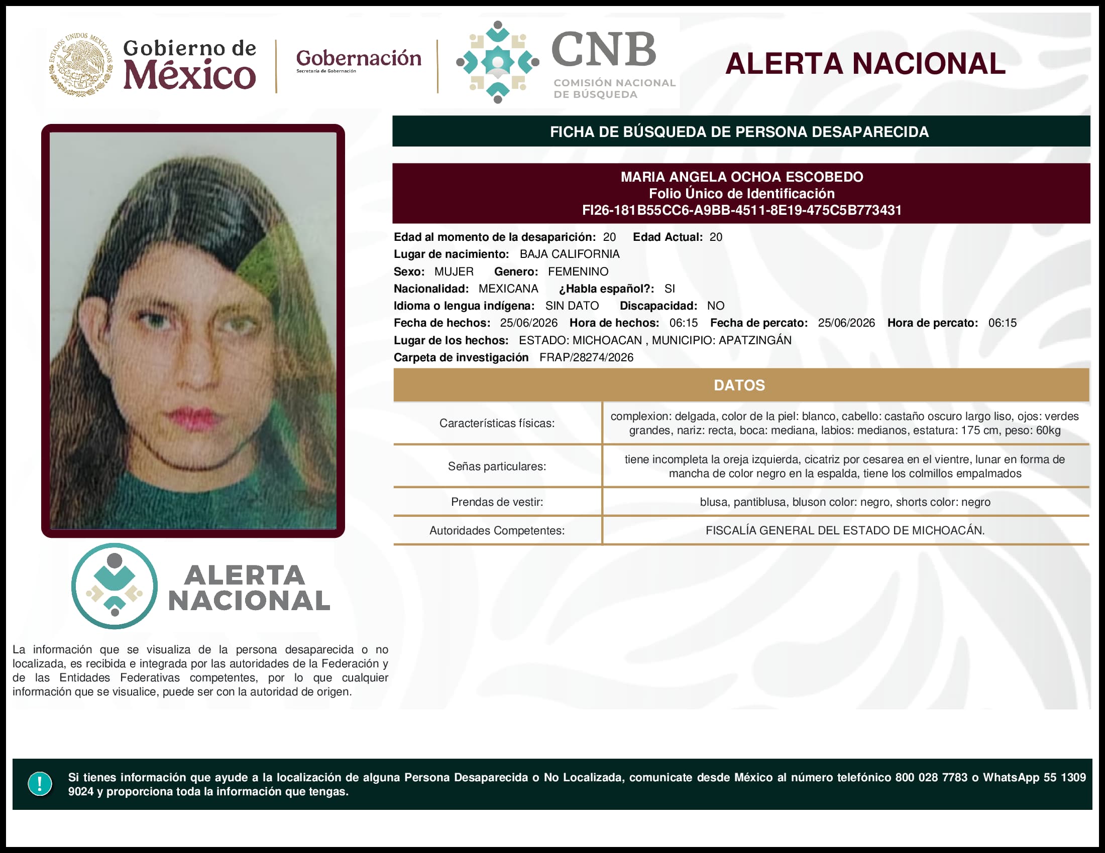 Persona desaparecida Maria Angela Ochoa Escobedo
