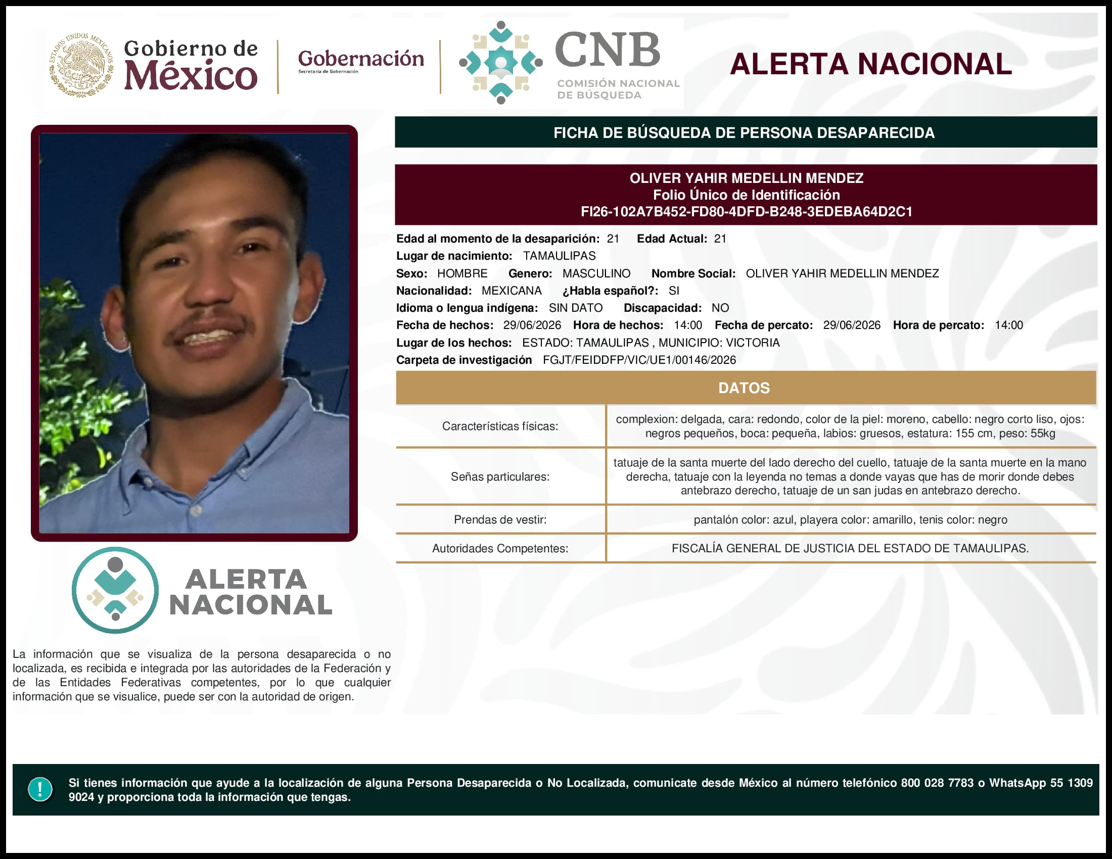 Persona desaparecida Oliver Yahir Medellin Mendez