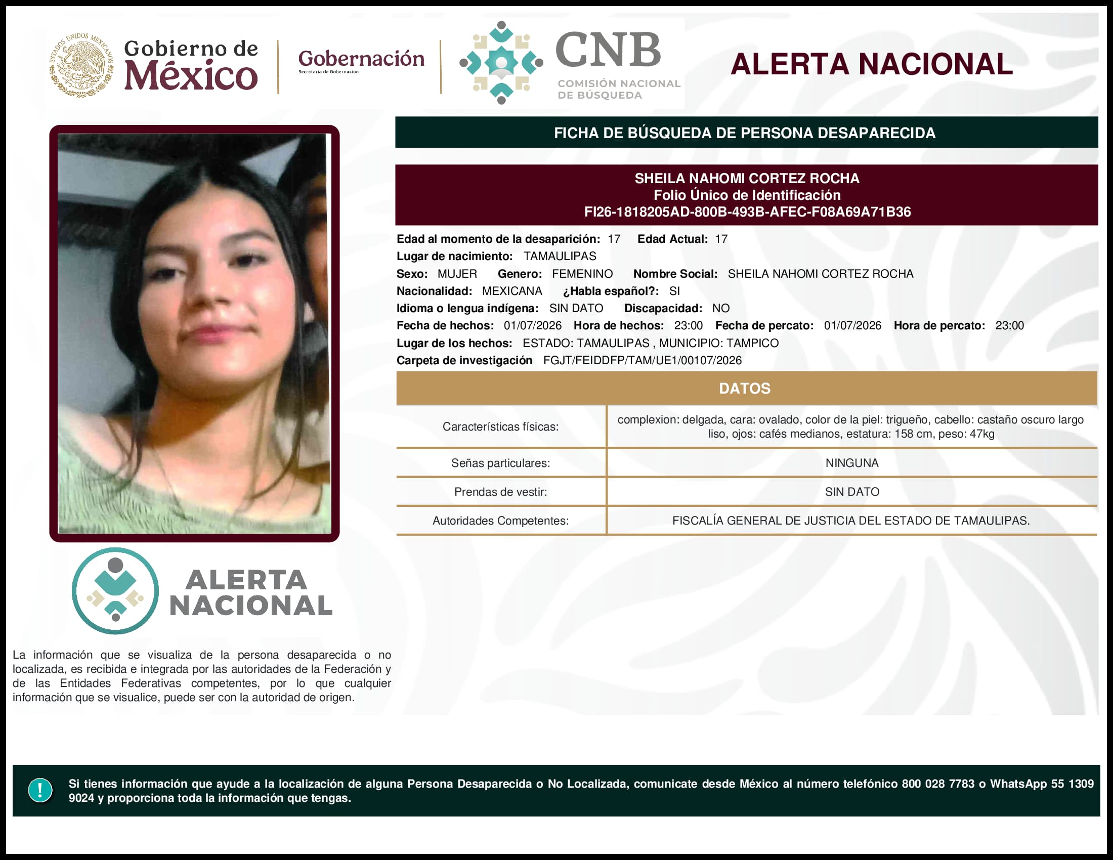 Persona desaparecida Sheila Nahomi Cortez Rocha