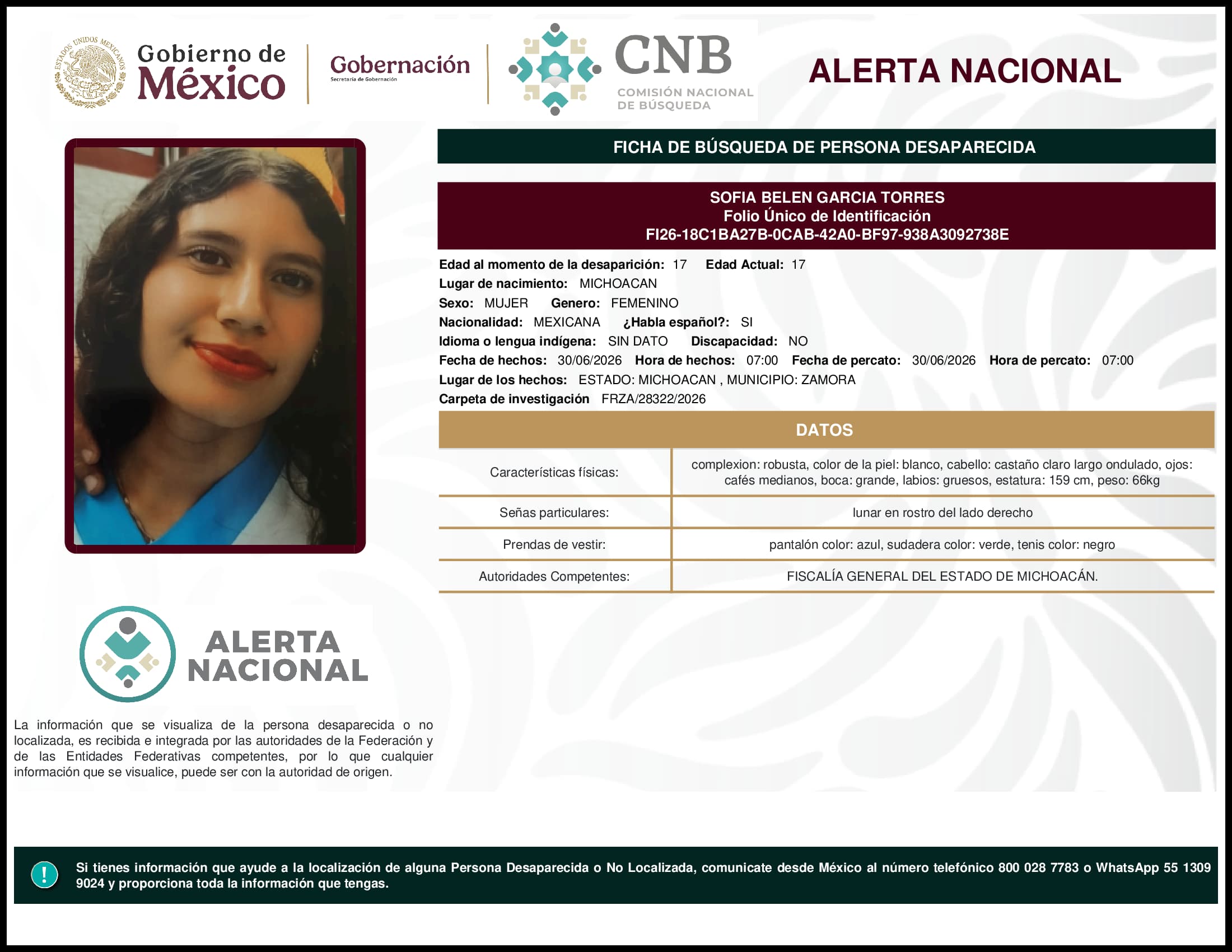 Persona desaparecida Sofia Belen Garcia Torres