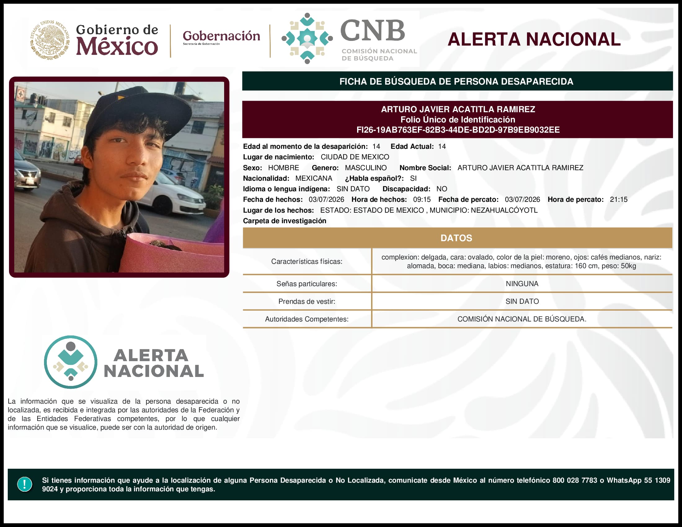 Persona desaparecida Arturo Javier Acatitla Ramirez