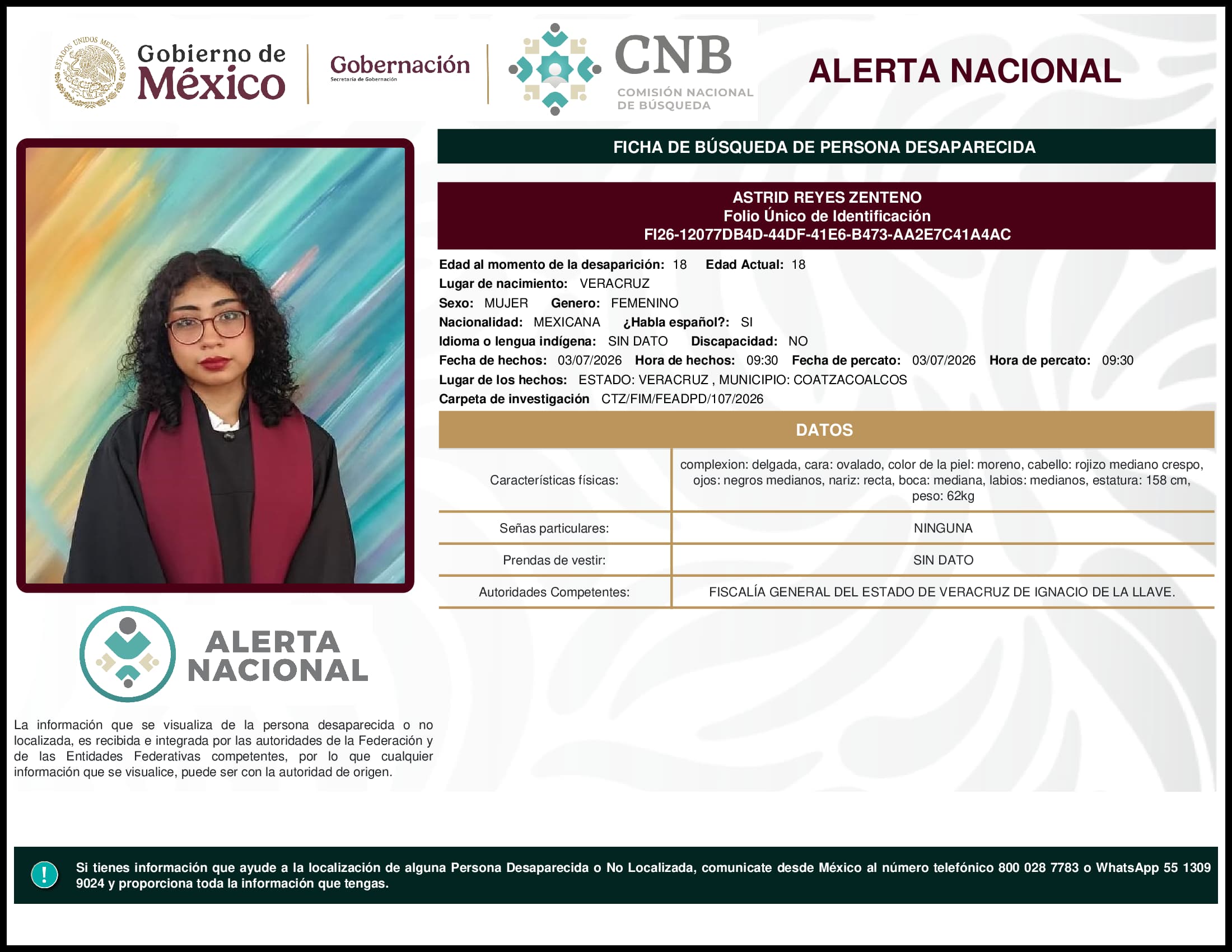 Persona desaparecida Astrid Reyes Zenteno