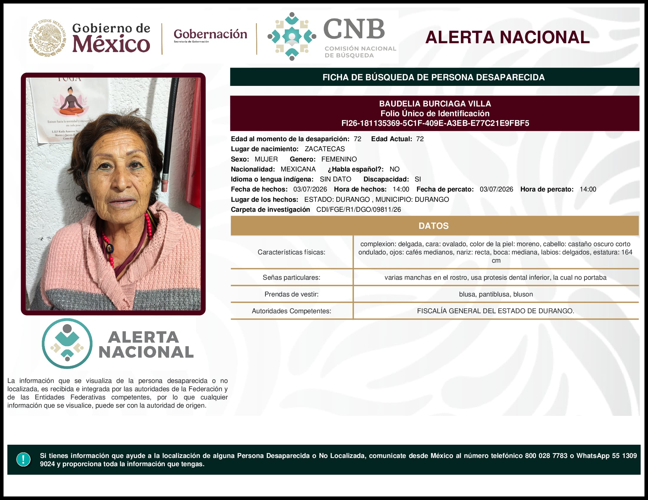 Persona desaparecida Baudelia Burciaga Villa