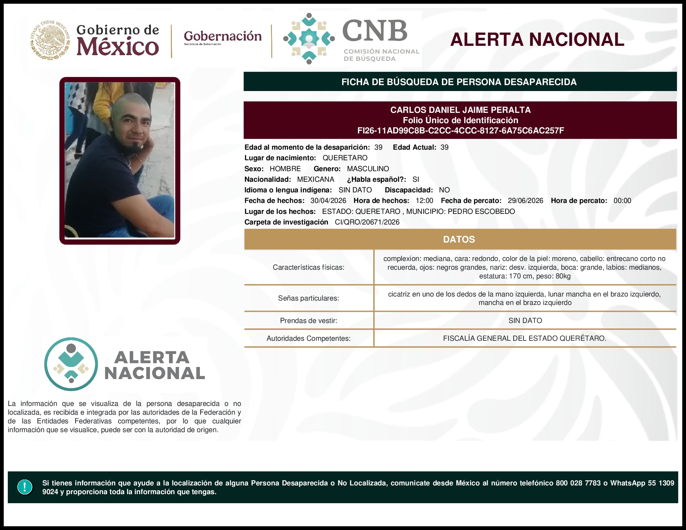 Persona desaparecida Carlos Daniel Jaime Peralta